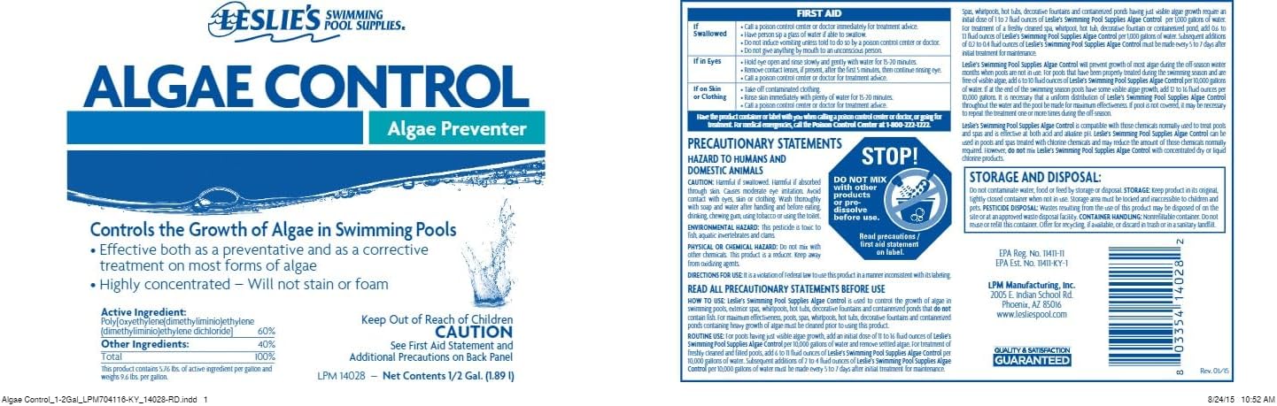 Leslie's Algae Preventative - Non-Staining Algae Control for Swimming Pools, Spas, and Hot Tubs - 1/2 Gallon