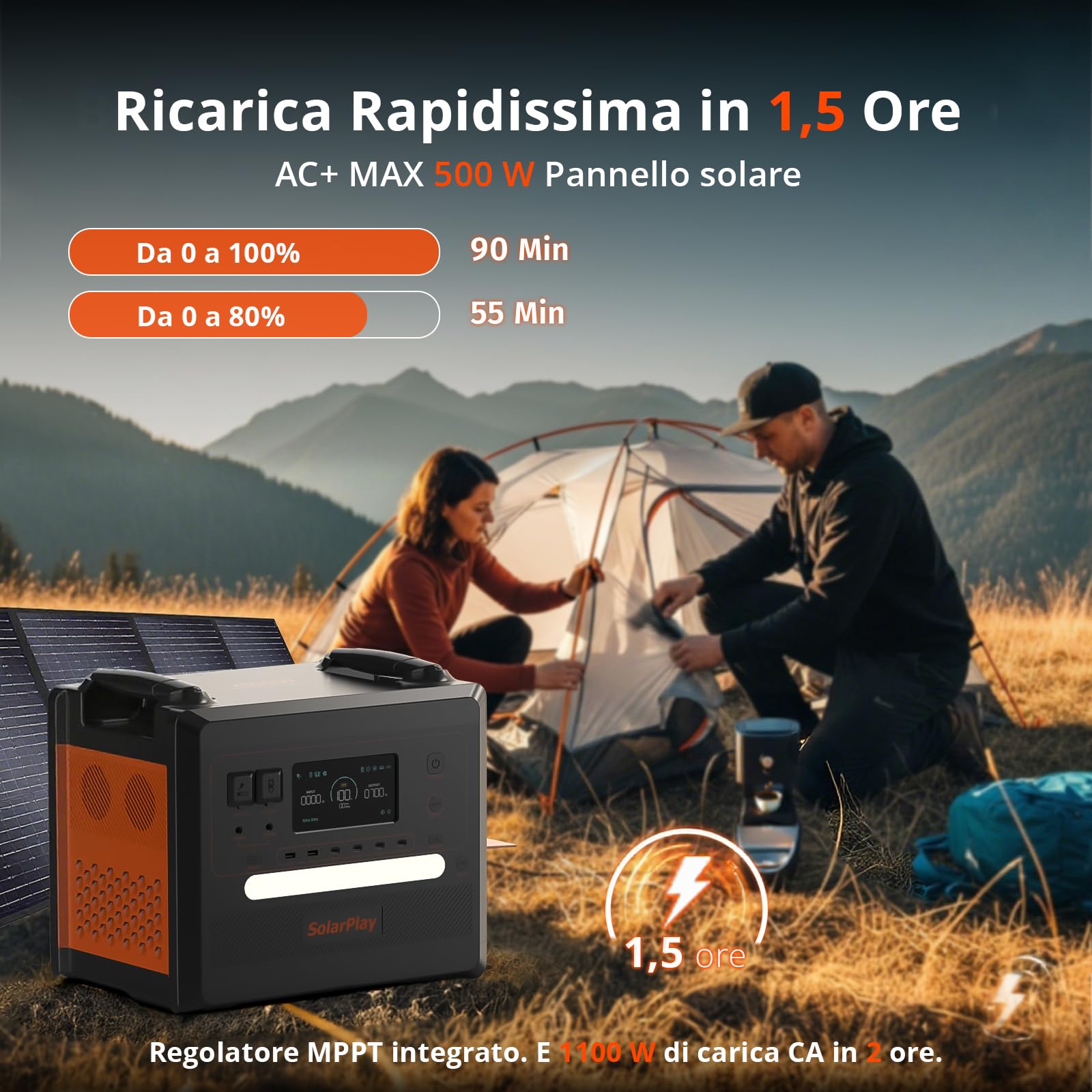 SolarPlay Q2402M 2500 W Centrale Elettrica Portatile, Batteria LiFePO4 da 2304 Wh, con Pannello Solare da 2x200 W, Presa CA, CC, ad energia solare, Adatta per Camper e Viaggi All'aperto