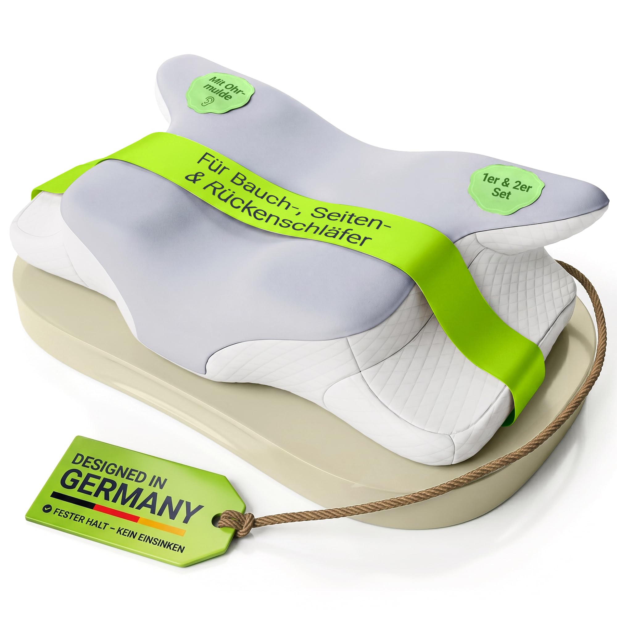 Juskys Nackenkissen 1er Set - Ergonomisches Kopfkissen mit Memory-Foam, atmungsaktivem Bezug - Kissen für den Nacken, gesunder Schlaf - weiß/grau