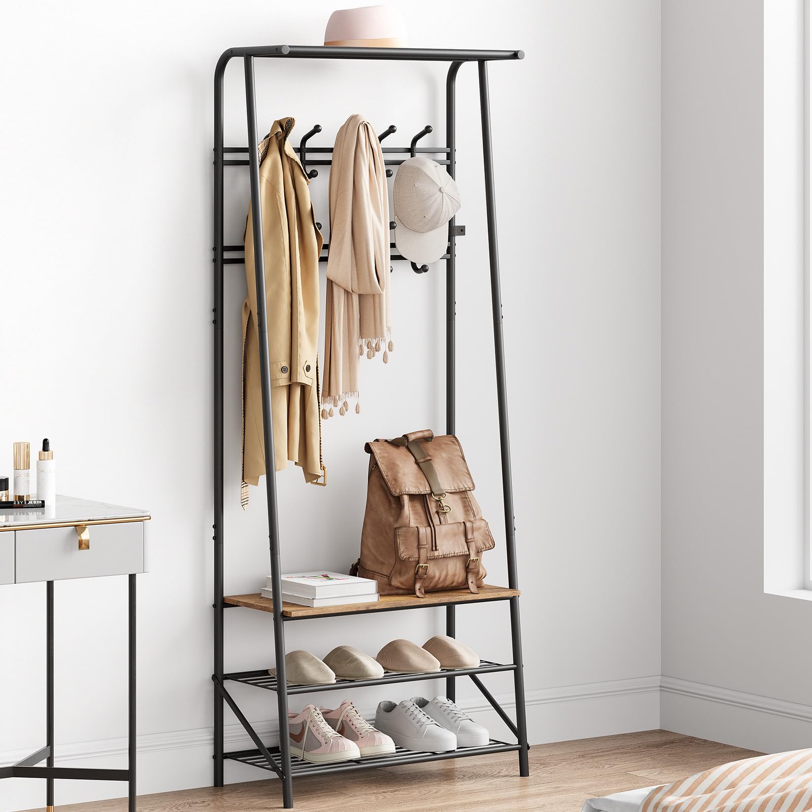Coat Rack Stand, 3-in-1 Freestanding Hall Tree with Shoe Storage Bench & Double Row Hooks, 60cm Industrial Metal Frame Entryway Storage Shelf for Living Room Bedroom Hallway Entryway Apartment