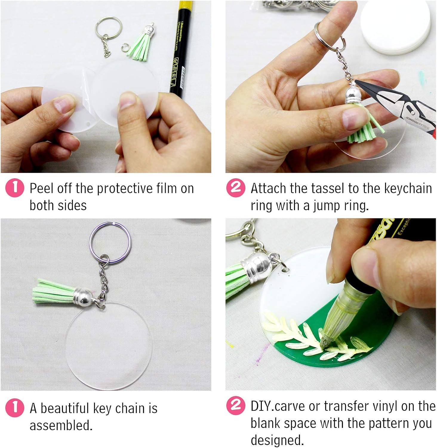 CH HAICHENG Acrylic Keychain Blanks, 128 PCS Keychain Kit with 32pcs Acrylic Blanks, 32pcs Keychains Tassels, 32pcs Key Chain Rings and 32pcs Jump Rings