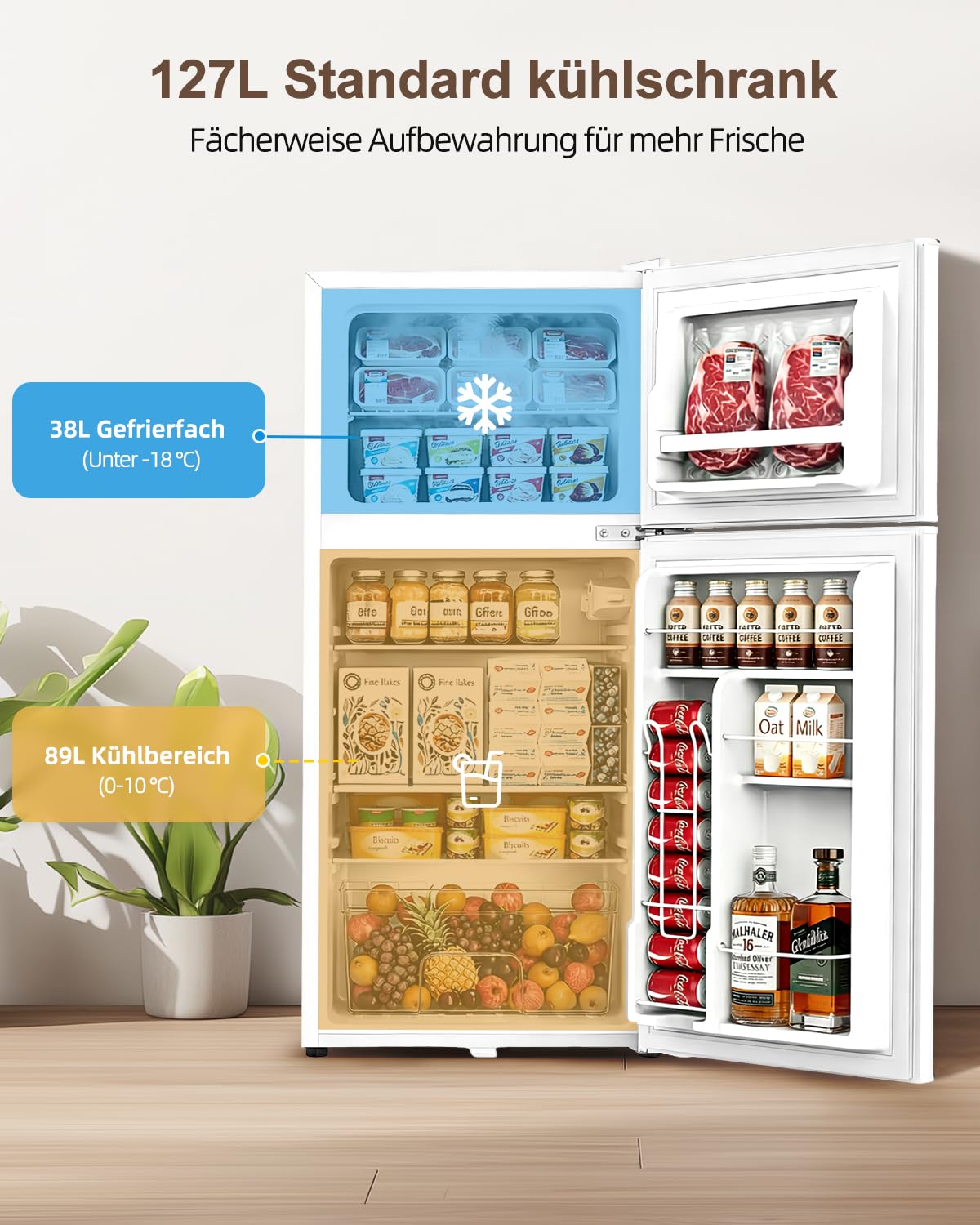 WELLENT 127L Kühlschrank mit Gefrierfach - Kompakter Zweitürer mit LED-Beleuchtung, 7-Stufigem Thermostat, Extrem Leise und Energieeffizient, ideal für Wohnheimzimmer& Büro