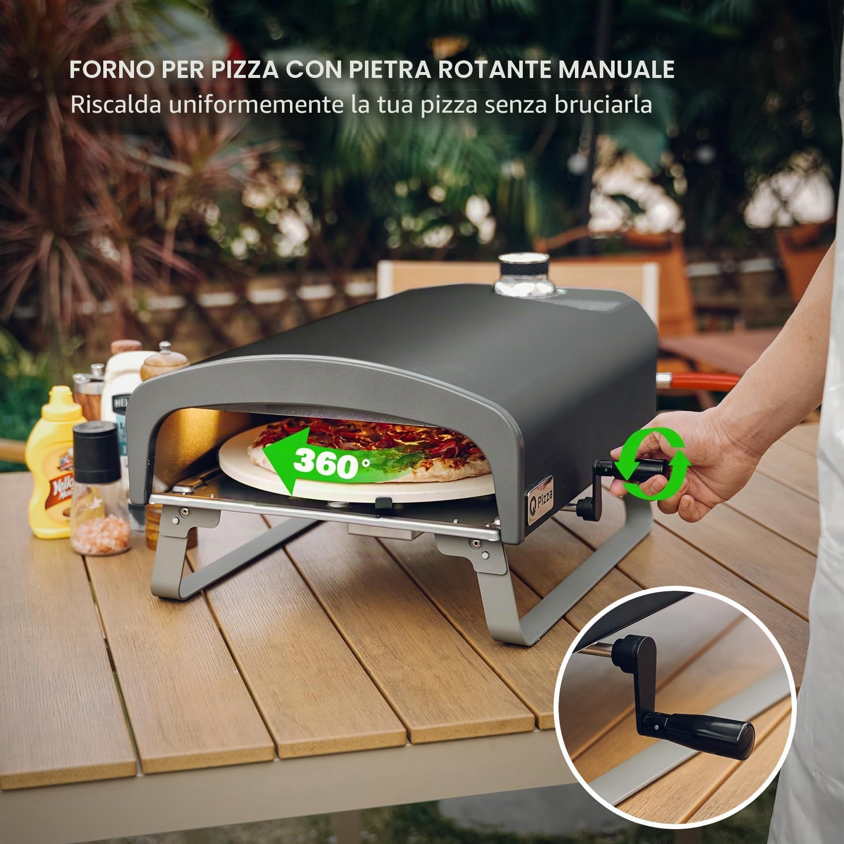 Q Pizza Forno per pizza a gas da esterno con sistema rotante manuale, forno portatile per propano con manico girevole, pietra da 33 cm, regolatore del gas UK