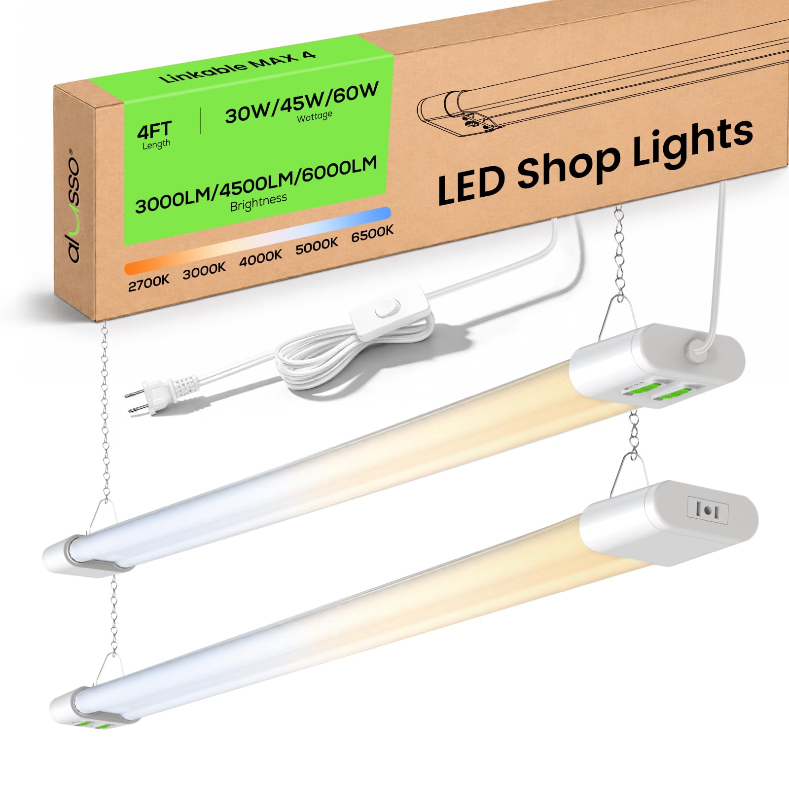 ALUSSO® 4FT Linkable LED Shop Lights, 6000LM 30W/45W/60W, 5CCT 2700K/3000K/4000K/5000K/6500K, 120V Integrated Fixture for Garage, Hanging or Surface Mount, 2 Pack