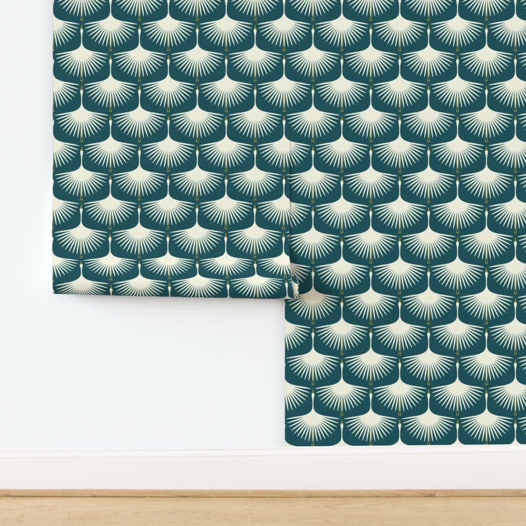 Removable Wallpaper 6ft x 2ft - Mid Century Midcentury Modern White Swans Retro Deep Teal Traditional Cranes Custom Pre-Pasted Wallpaper by Spoonflower