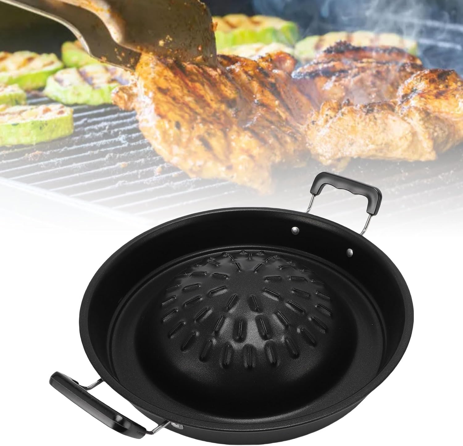 Asixxsix Thai Korean BBQ Grill Pan, Aluminum BBQ Grill Topper, 2 in 1 Non Stick Smoke Steak Grill Charcoal Pan Pork Hot Pot, Even Heating Barbecue Grill Plates, Camping BBQ Pan (30cm/11.81in Black)