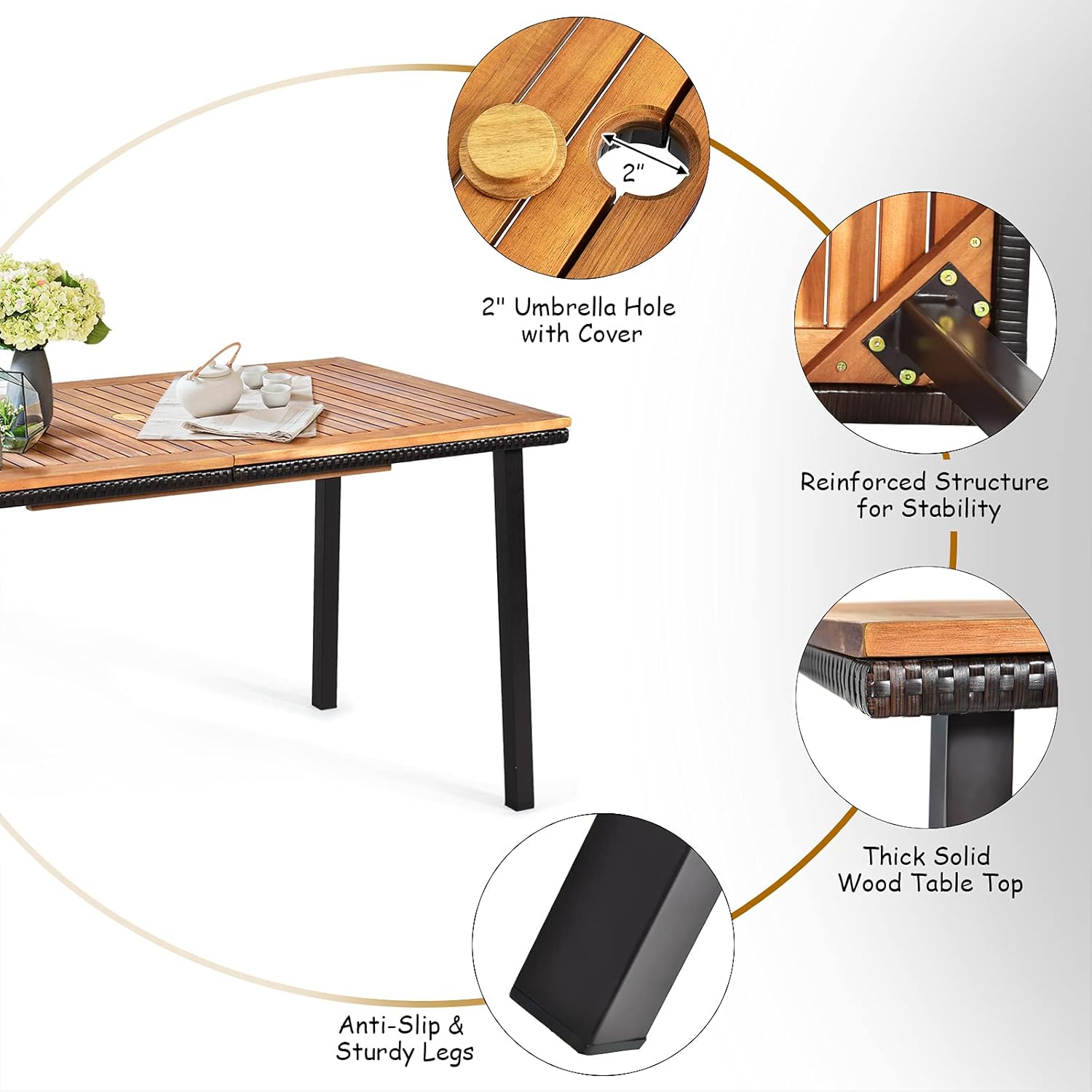 Tangkula 6 Piece Patio Dining Set, Outdoor Acacia Wood Dining Furniture w/Acacia Wood Table Top, Modern Conversation Set w/ 4 Rattan Chairs & 1 Rattan Bench for Backyard Garden Poolside Lawn : Patio, Lawn & Garden