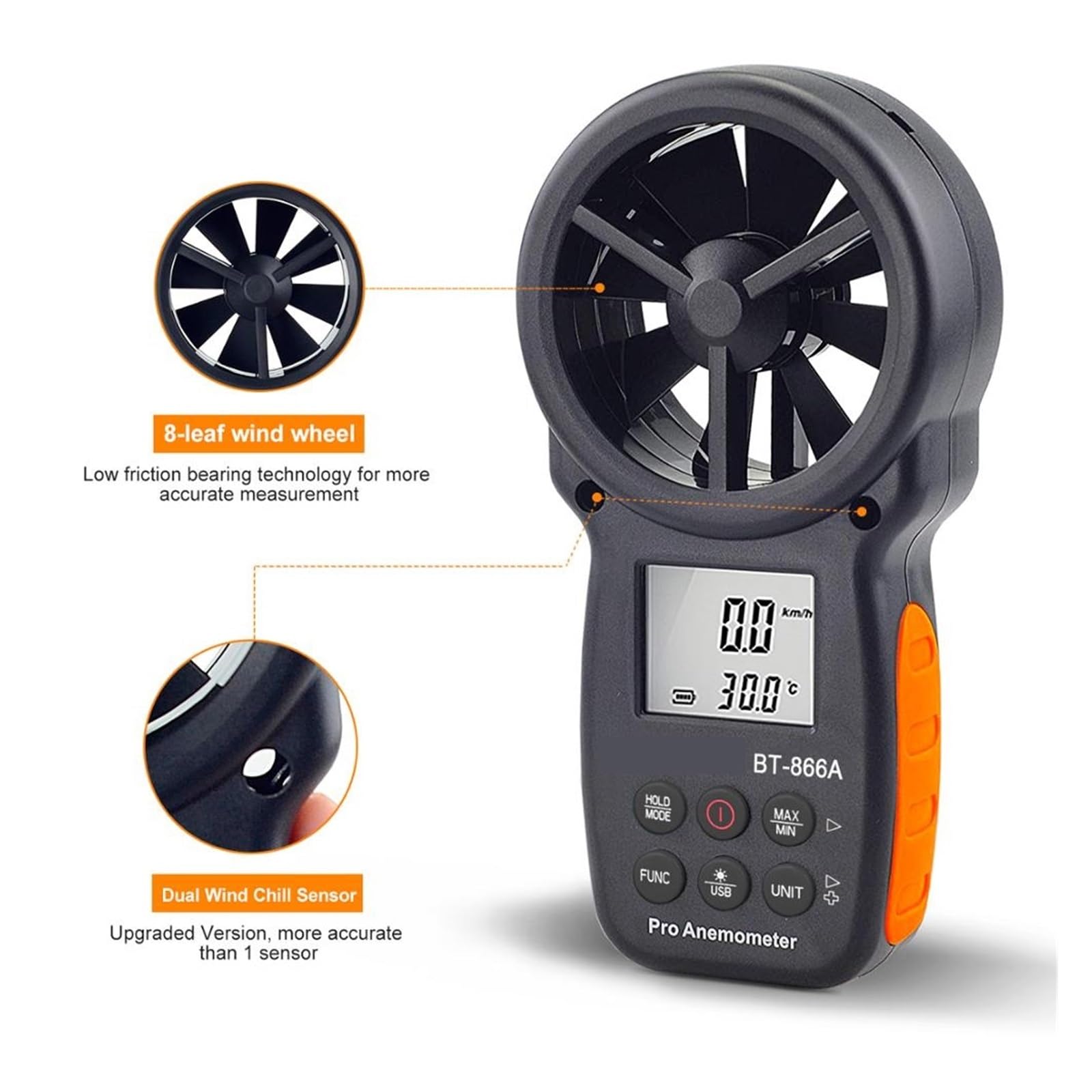 Anemómetros, Anemómetro digital portátil con medidor de CFM y conexión USB. Medidor de flujo de aire que mide la temperatura y velocidad del viento.