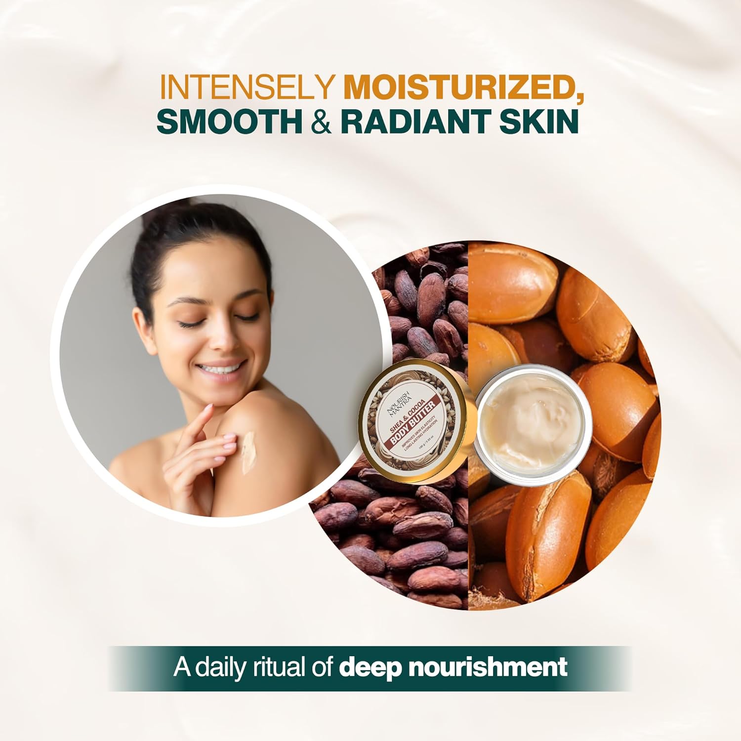 NOURISH MANTRA Shea & Cocoa Body Butter | Creamy Moisturizer for Long-Lasting Moisture & Soft Skin | Infused with Shea Butter & Cocoa Butter | Suits All Skin Types | For Women & Men | 100 g