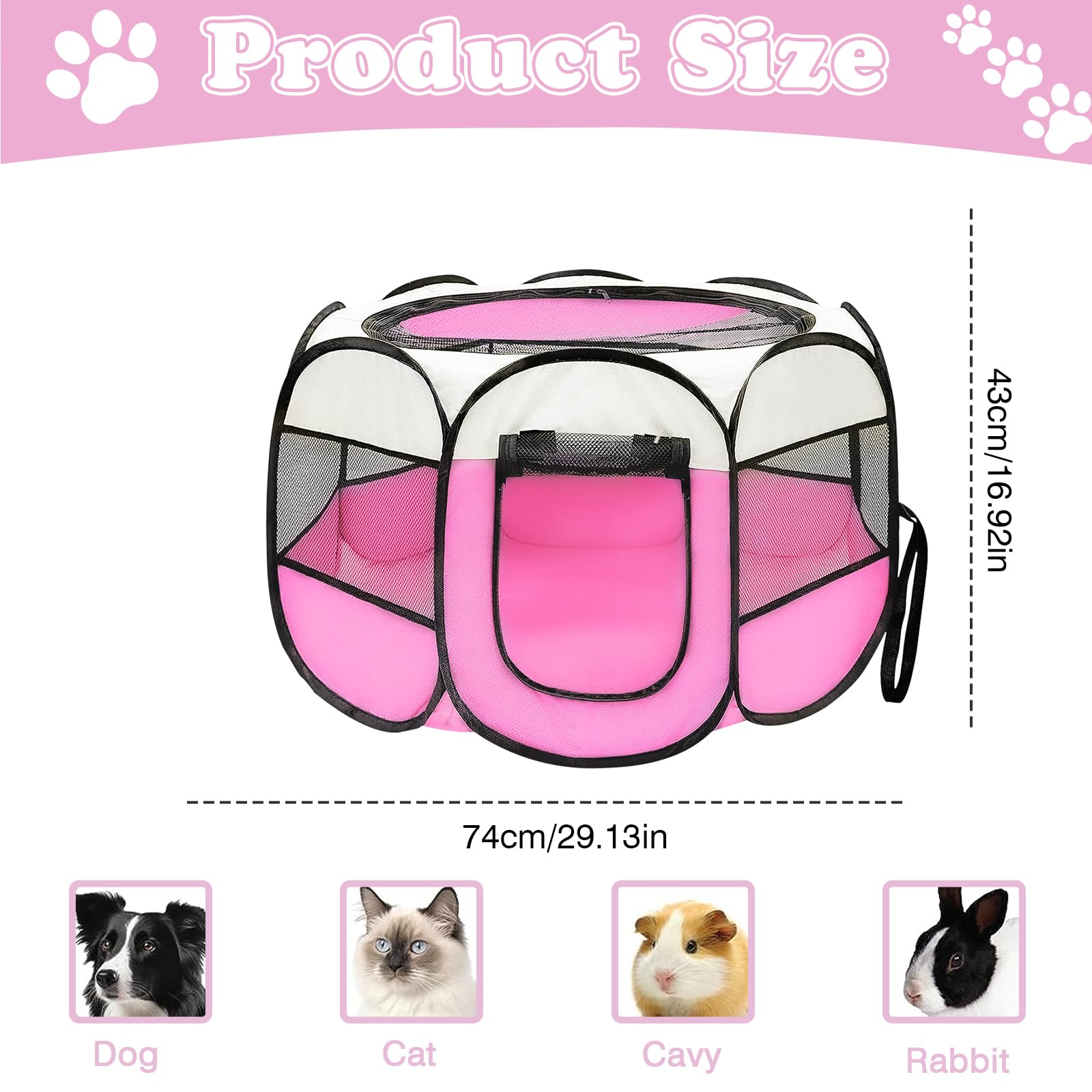 Parque plegable para cachorros, 74 x 74 x 43 cm, parque portátil para animales pequeños, recinto para cachorros y gatos, interior y exterior, recinto libre para perros, gatos, conejos (rosa)