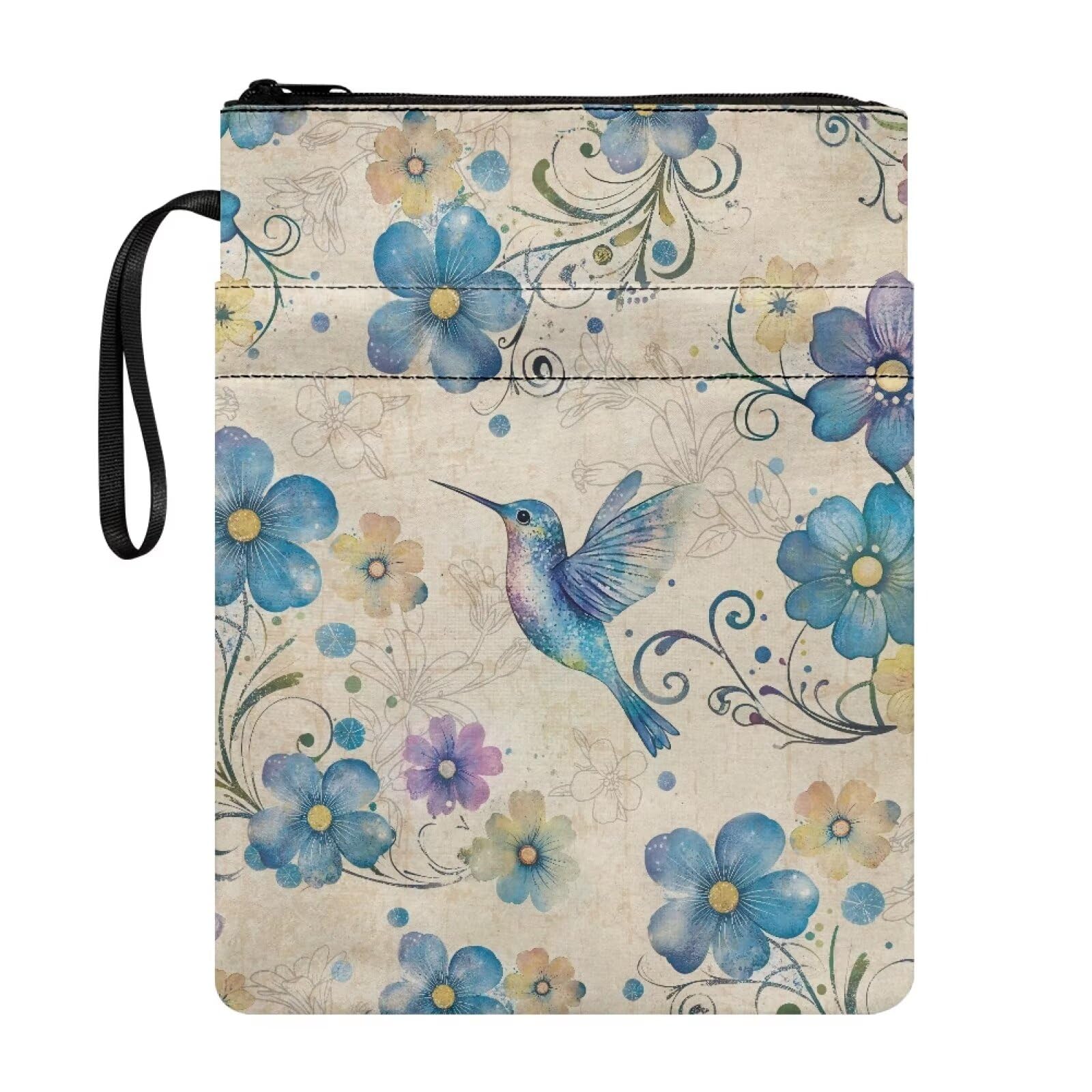 Wanyint Book Sleeve Washable Fabric Book Cover with Zipper & Handle Strap for Reader Multifunctional Book Protector 11.4 x 8.7 Inch, Hummingbird Flower Beige