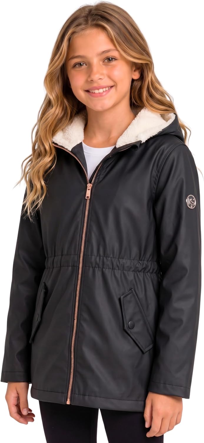 KENSIE GIRL Girls Rain Jacket - Sherpa Lined Hood, Warm Waterproof Coat
