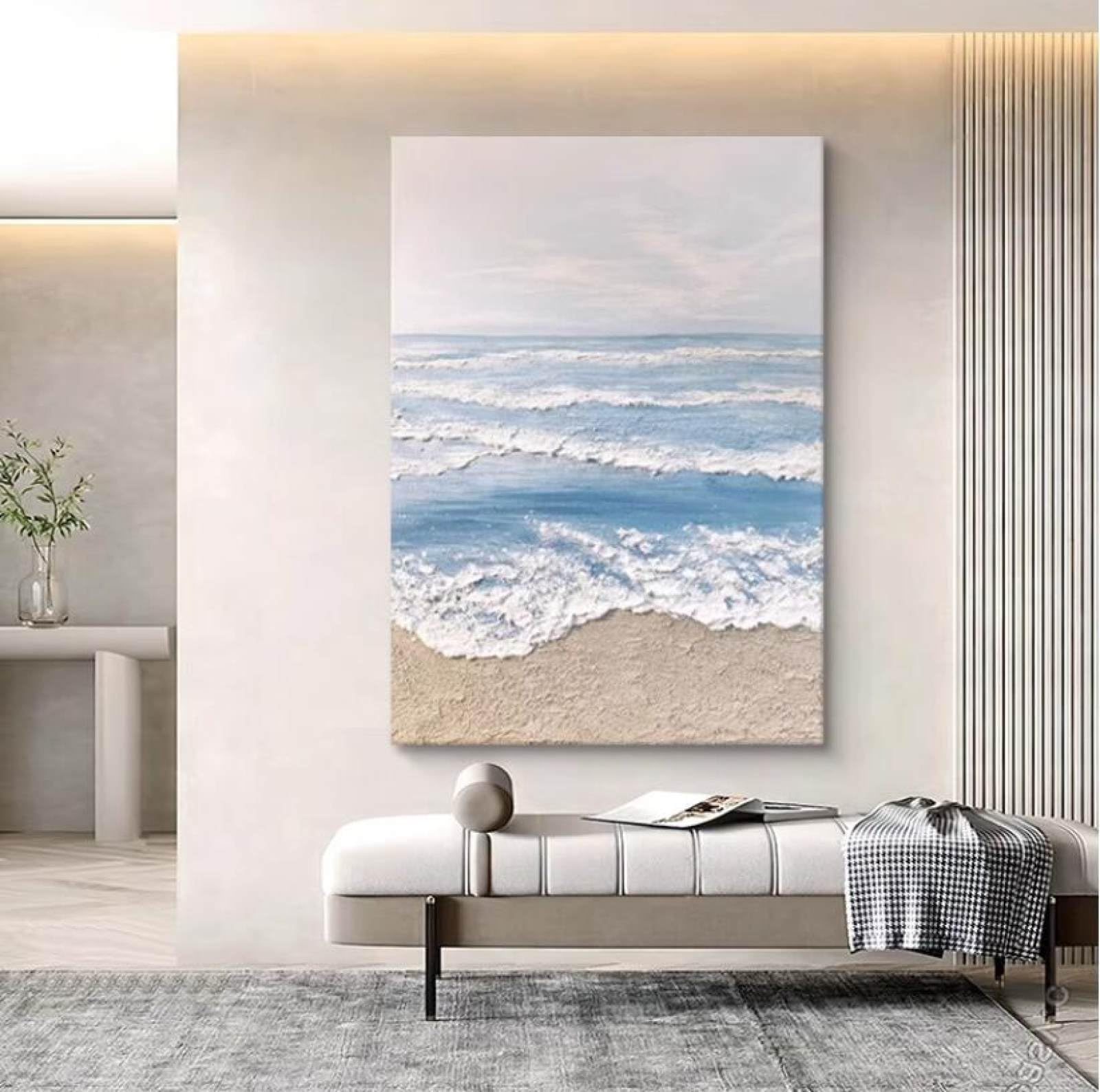 Peinture à l'Huile Grande Vague Bleue pour Habiller un Grand Mur Vide de Cage d'Escalier