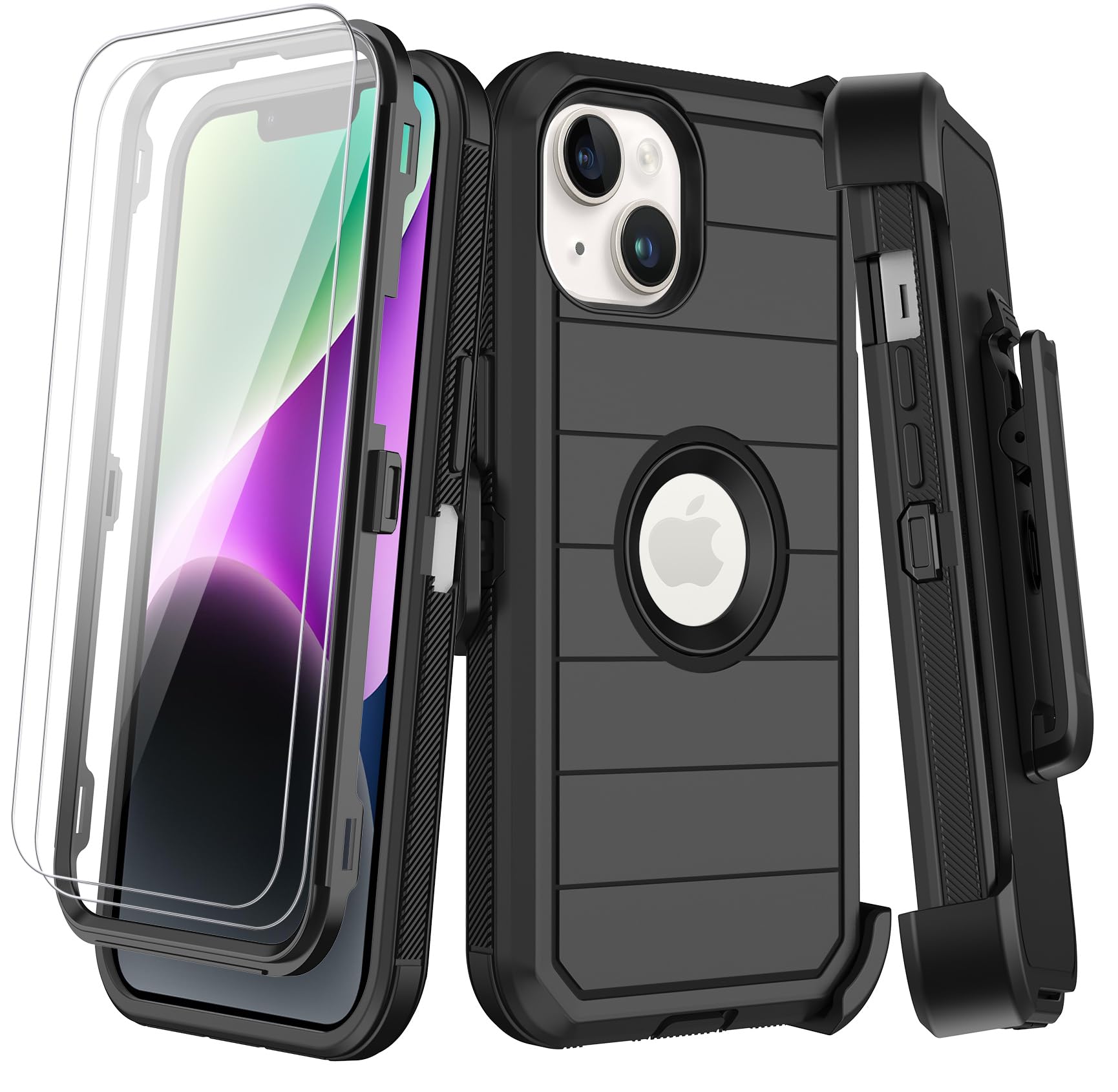 KECAI for iPhone 14 Case with Belt Clip Holster,iPhone 13 Case 2X Screen Protector,Heavy Duty Shockproof Drop Protection Military Grade Rugged Durable