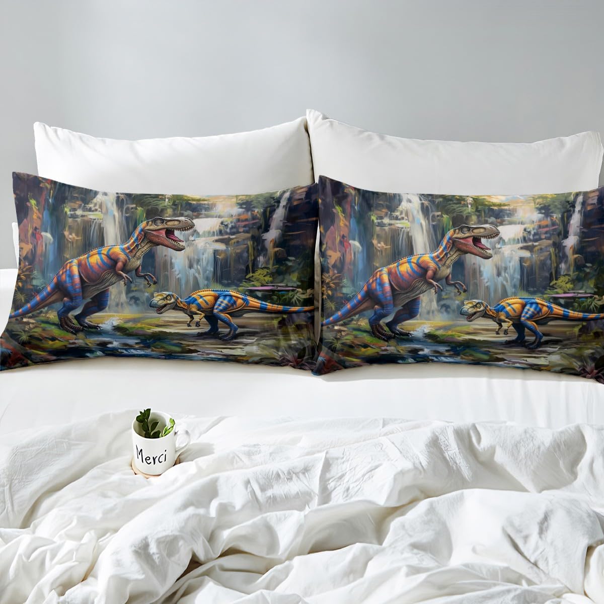 Dinosour Kids Duvet Cover Set Twin Size,Pine Trees Mountain Waterfall Bedding Set,Boys Girls Room Decor,Ancient Wildlife Jungle Animals Comforter Cover,Green Quilt Cover,1 Pillowcase(No Comforter)