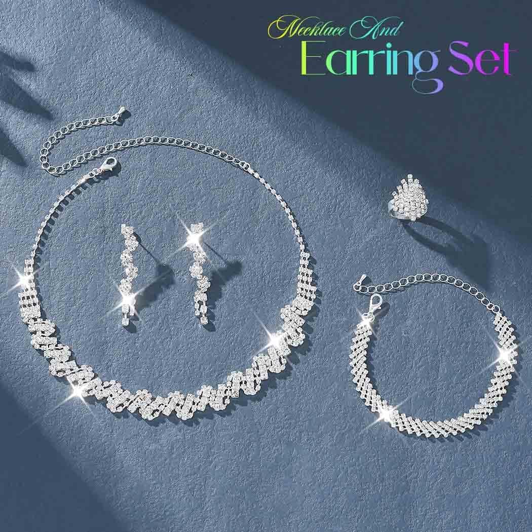 Unicra Rhinestone Bridal Wedding Jewelry Set Silver Necklace Earrings Bracelet Ring Sets Prom Formal Costume Jewelry Sets for Women and Brides