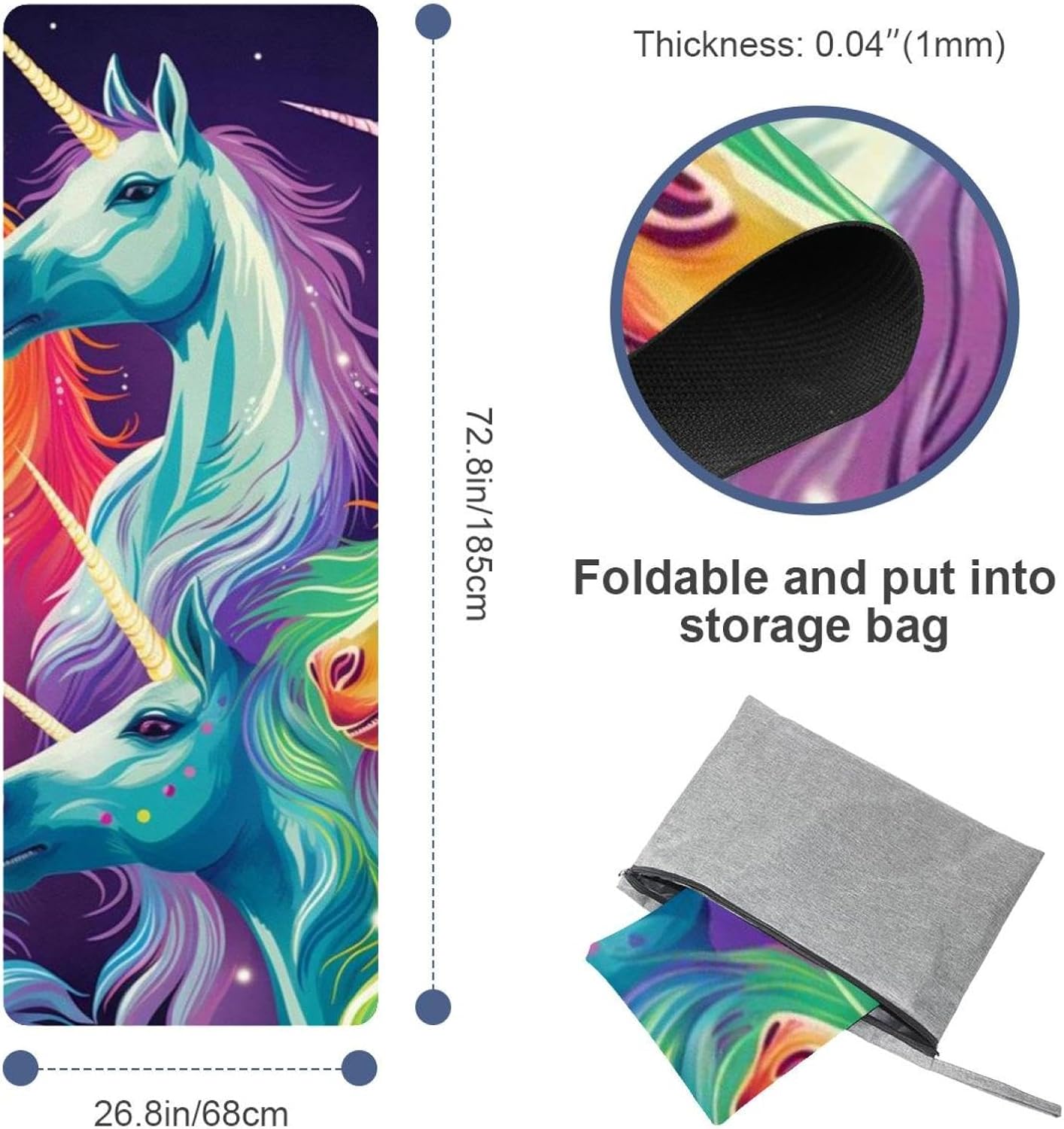 Yoga Towel, Rainbow Unicorn Pattern Non Slip Sweat Absorbent Hot Yoga Mat Towel for Hot Yoga, Pilates and Fitness - 72.8" x 26.8"