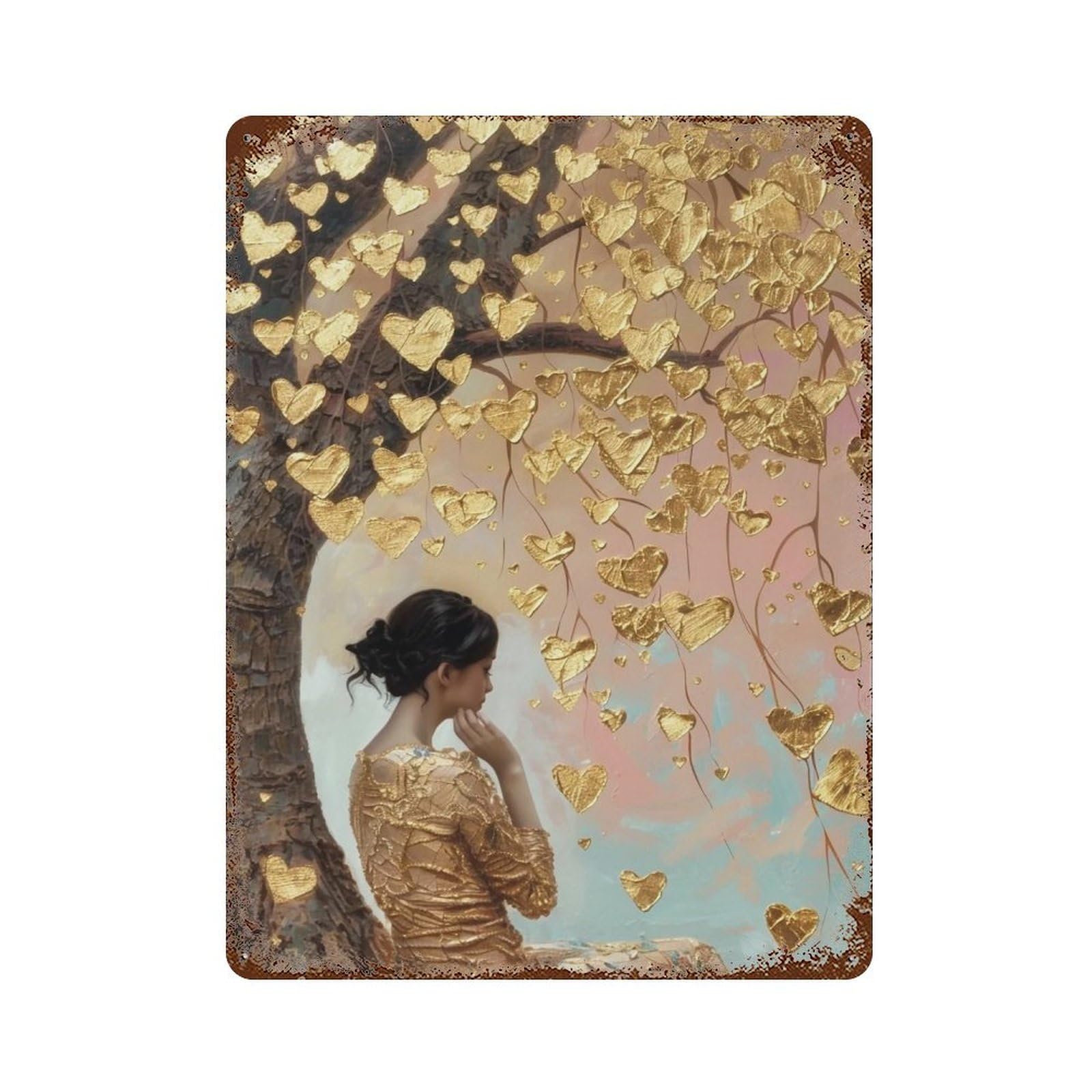 WUJHGRSG Impasto Gilded Heart Tree Lady 01 Wall Art Retro Iron Vintage Metal Tin Sign Poster Modern Decor for Home Cofffee Club Bar Shop Style 40x30cm