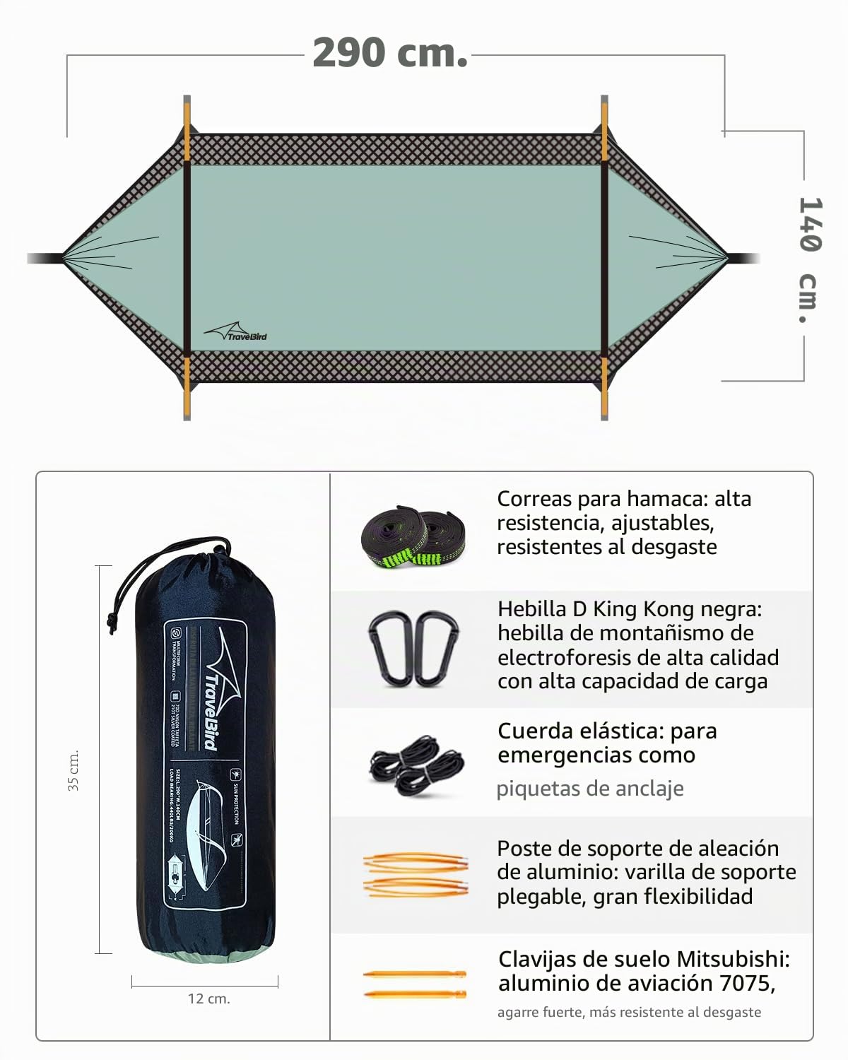 Hamaca de Camping, Tienda de Campaña con Hamaca para Acampar con Mosquitero y Sombrilla, 290x140cm, Hamacas Camping con Correas para Árboles, para Exteriores, Senderismo y Viajes