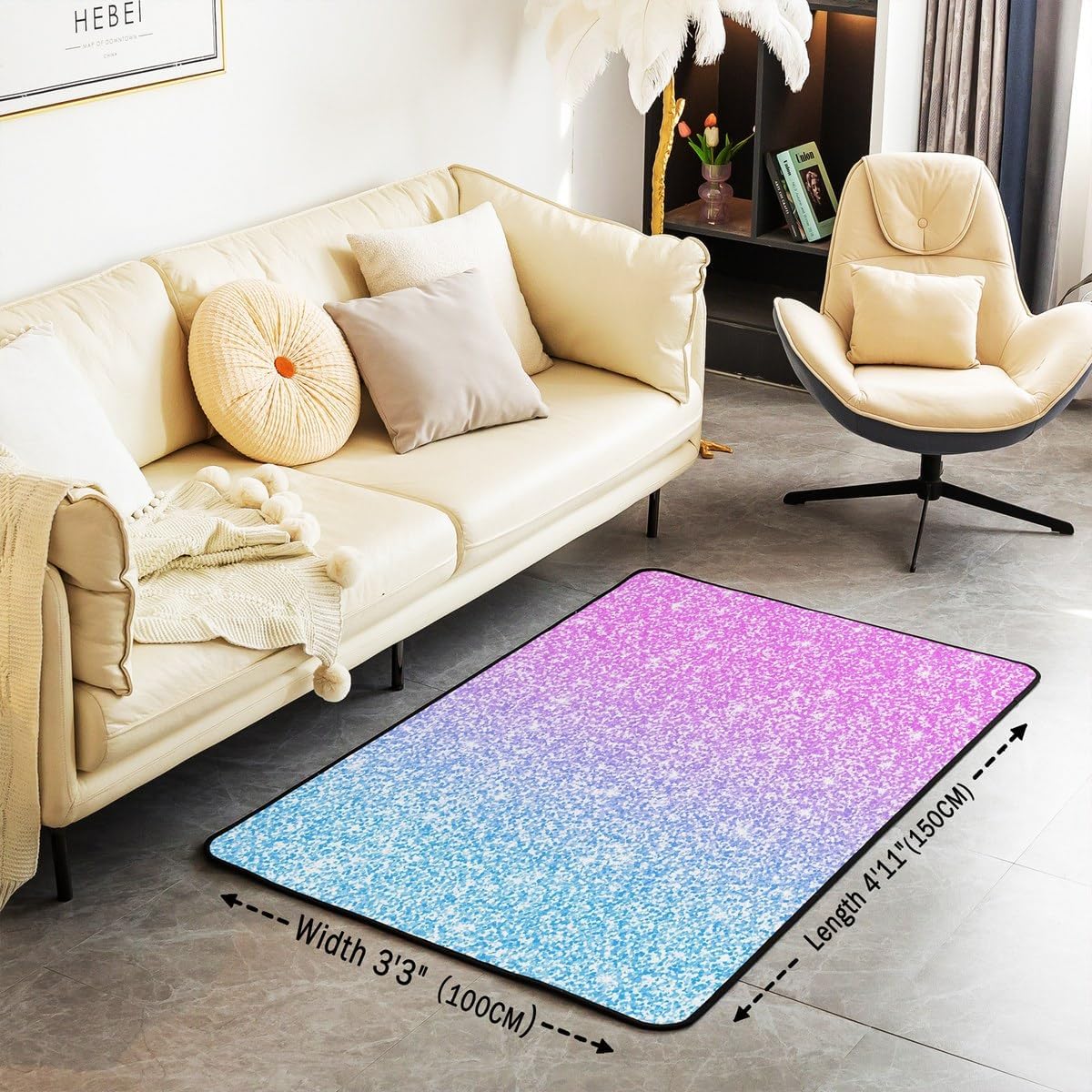 Colorful Glitter Area Rug 3x5 for Living Room Bedside, Girly Turquoise Teal Blue Pink Pastel Girls Rug Non Slip, Trendy Carpet with Sparkle Sequin Pattern Bling Decorative Accent Rug Bedroom Decor
