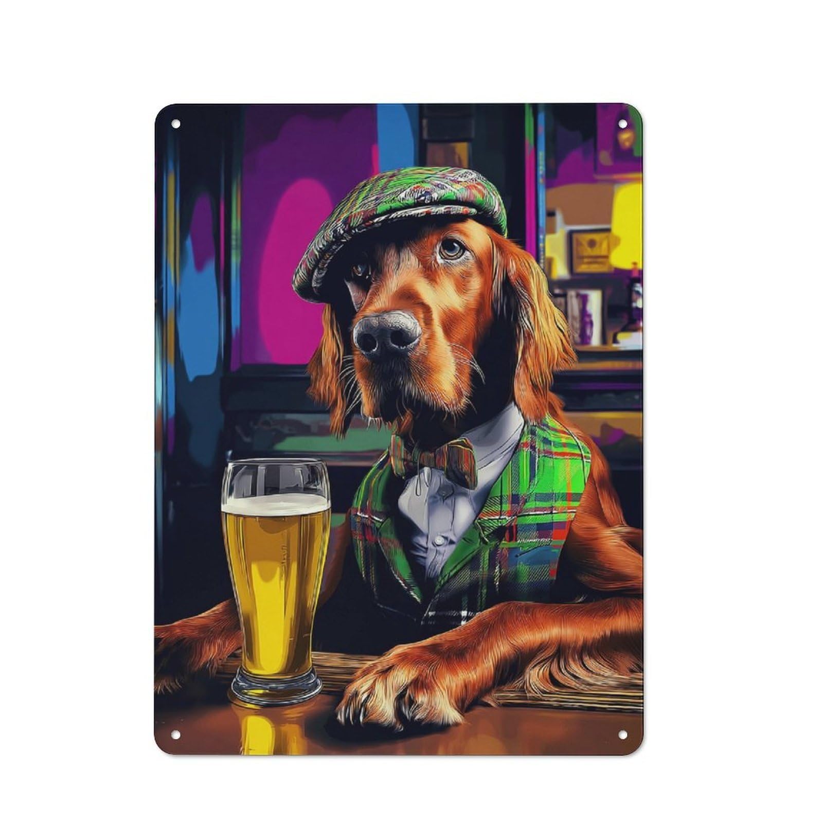Junmoney Stylish Dog In Tartan Suit With Beer Metal Wall Sign 40X30cm Featuring For Café Or Restaurant, A Decorative Metal Sign For Cafés And Restaurants