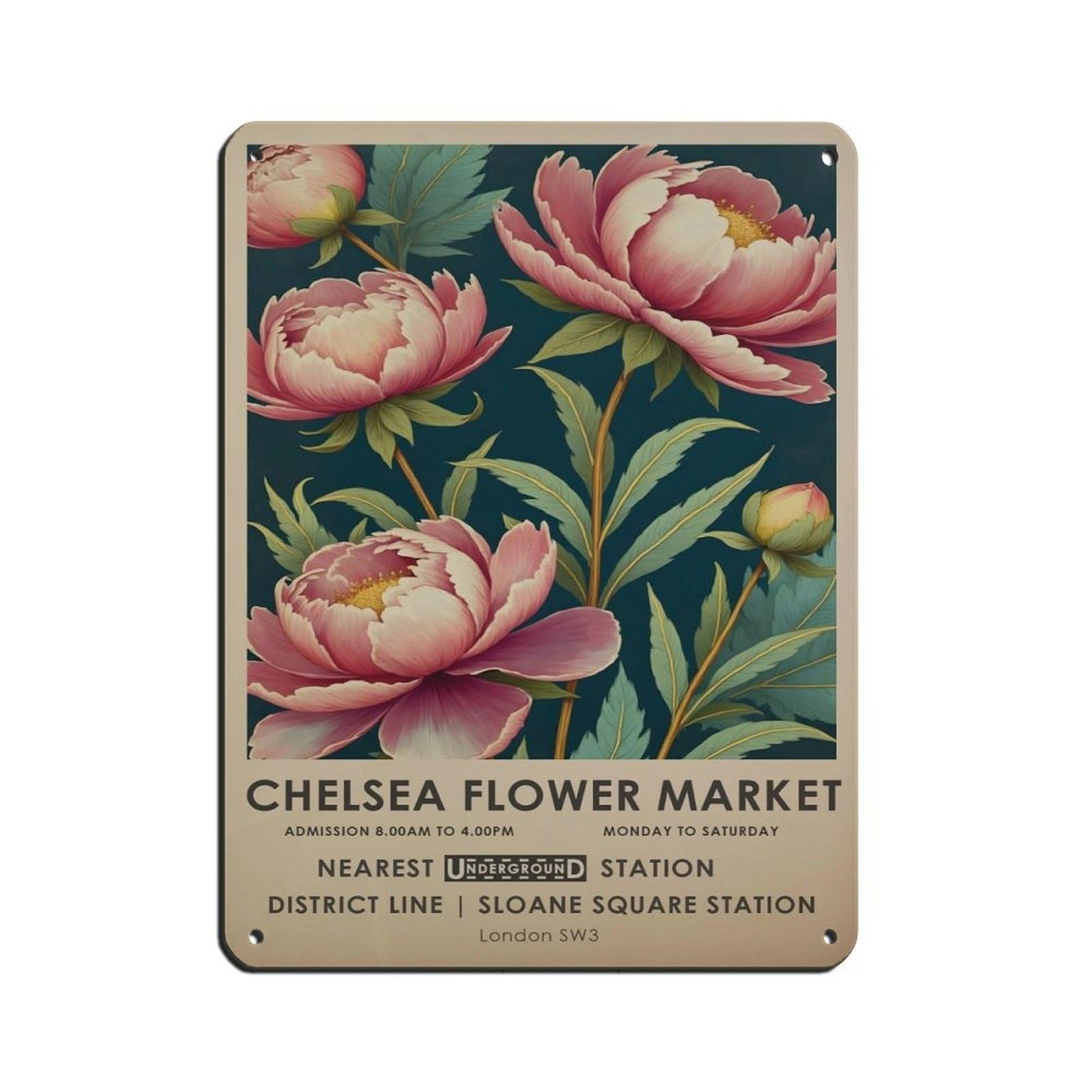 Chelsea Flower Market, Peony Botanical, Gift Retro Poster Metal Tin Sign Chic Art Retro Iron Painting Bar People Cave Cafe Family Garage Poster Wall Decoration 12x16inch(30x40cm)