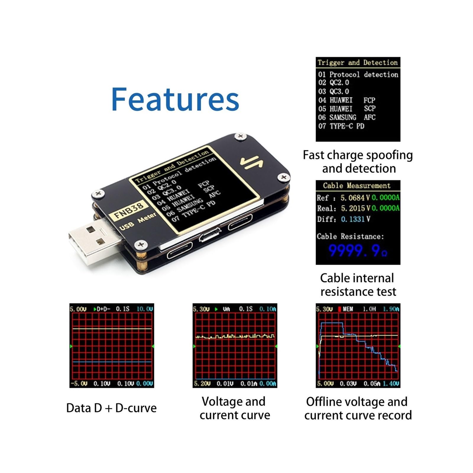 Tester USB FNB38 Miernik prądu i napięcia Tester USB QC4 + PD3.0 2.0 PPS Protokół szybkiego ładowania Test pojemności