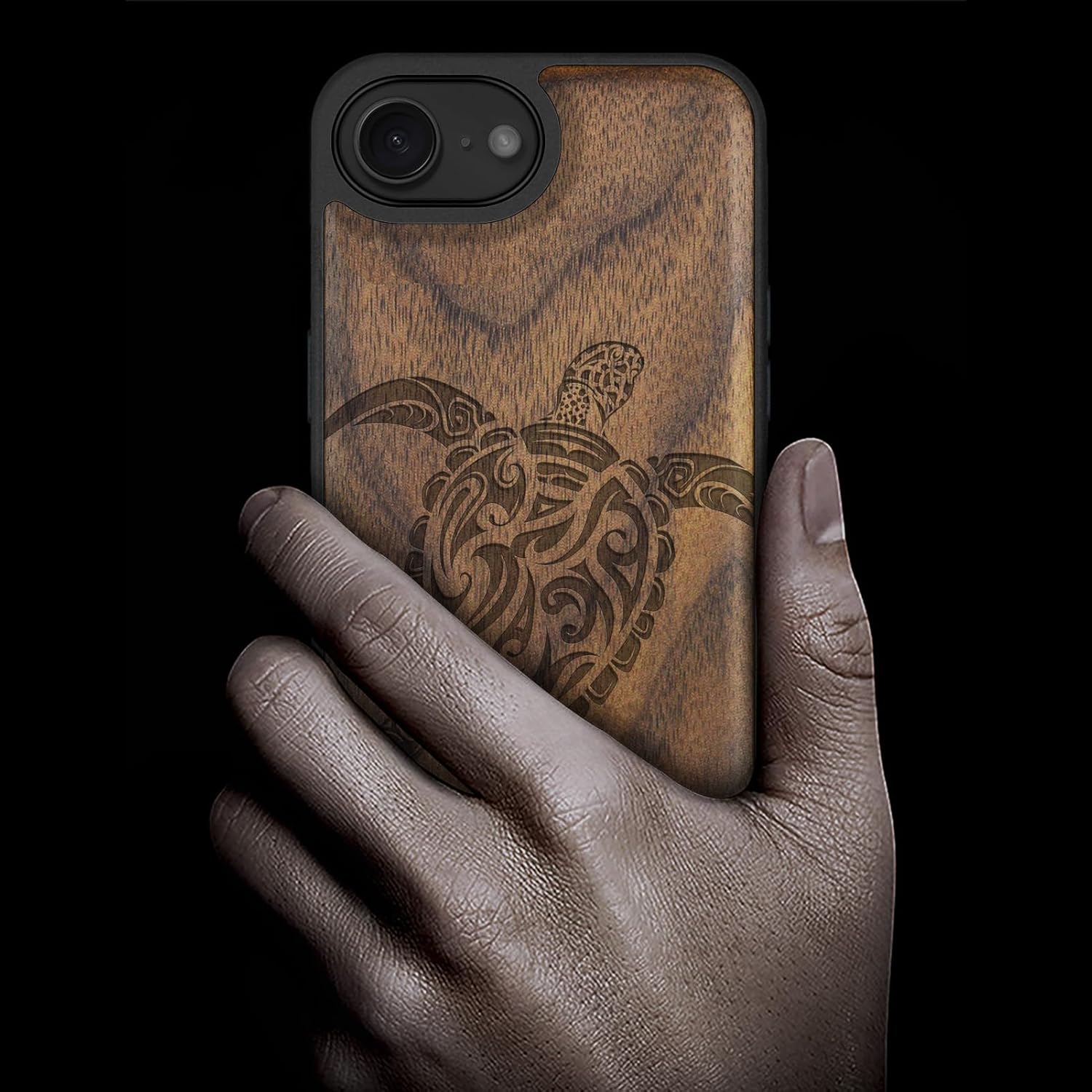 Carveit Magnetic Wooden Case for iPhone 16e / 17e, Solid Wood & Black TPU, Artisan Engraved Design, Shockproof Cover, Compatible with MagSafe Wireless Chargers, Ethnic Turtle - Walnut