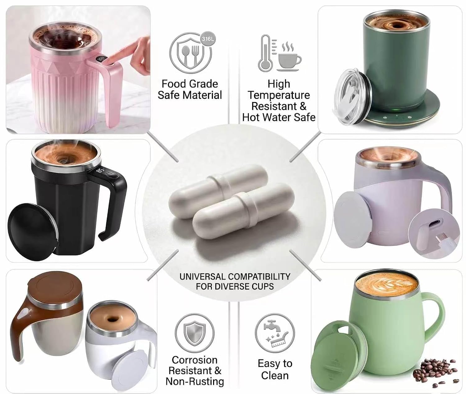 Magnetic Stir Bar for Self-Stirring Mug - Reusable Mixing Bead for Coffee/Tea/Hot Chocolate Food Grade