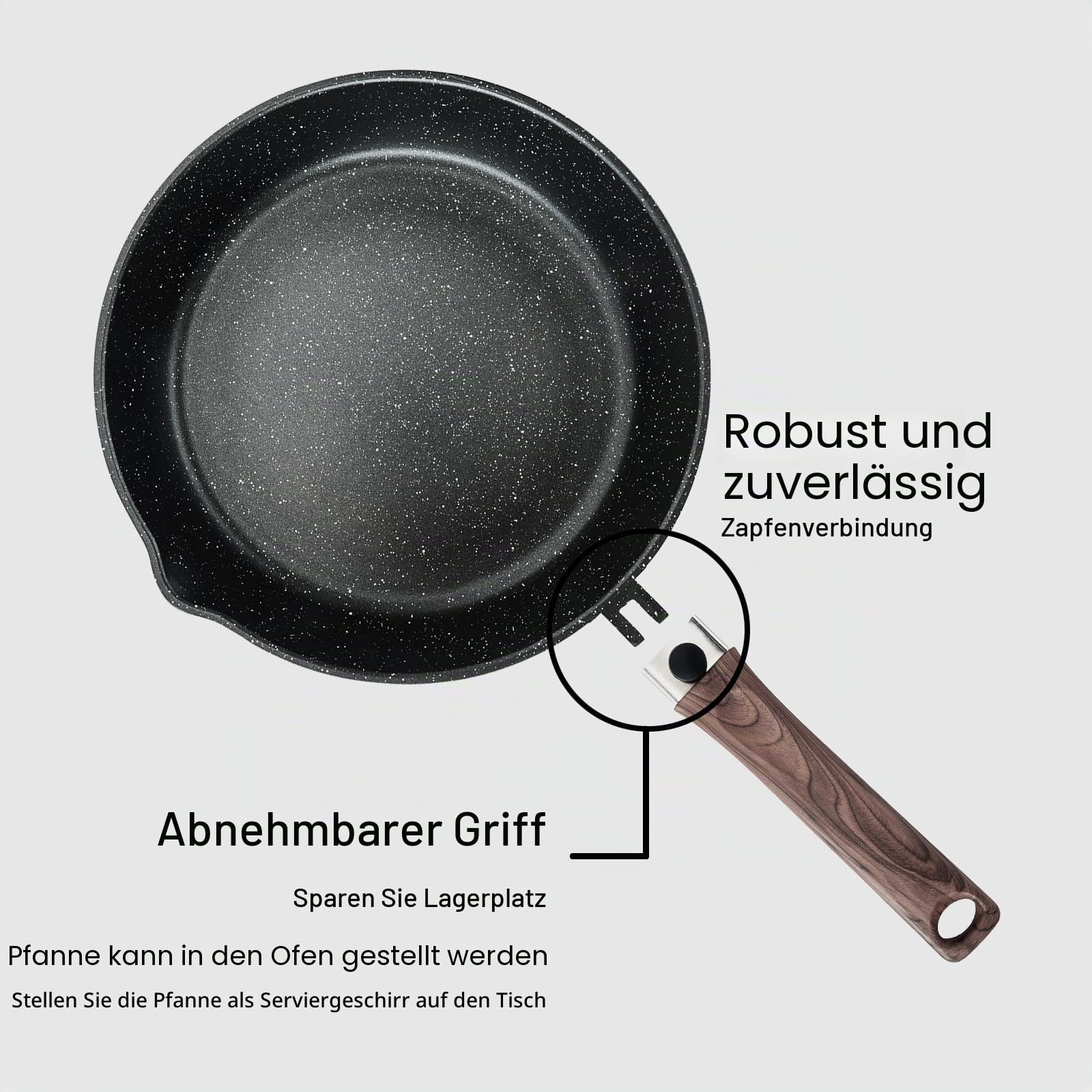 Kordisen Antihaft-Bratpfanne mit Deckel, 28 cm Induktion Sautepfanne mit Abnehmbarem Holzgriff, Granitsteinbeschichtung zum Kochen, Kompatibel für alle Herdarten, PFOA-frei
