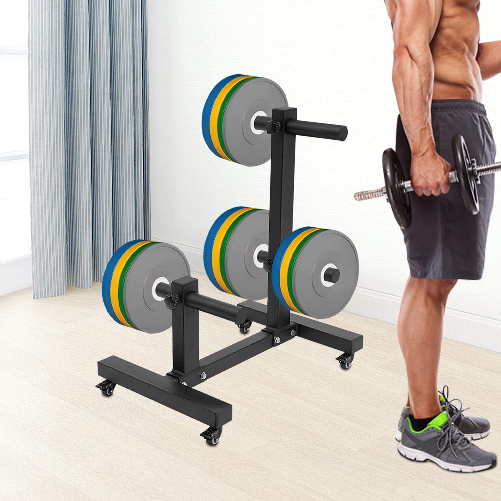 FXEIPOL Plate Rack Tree,1102.3 Lbs Commercial Olympic Weight Plate Tree Vertical Barbell Storage Rack with Wheels Double Column Mobile Dumbbell Piece Holder for Homes, Hotels, Gyms