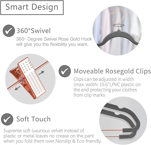 Miniatura 3 de MIZGI Perchas de terciopelo prémium para pantalones con clips (paquete de 20) perchas delgadas para faldas, colgador de fieltro antideslizante para