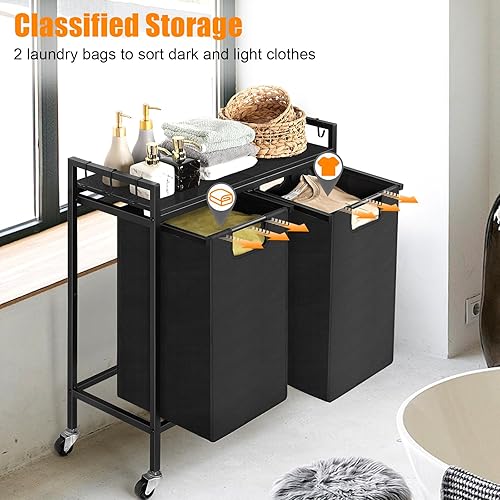 Miniatura 4 de Cesta de lavandería negra con ruedas, cesta de lavandería rodante, 2 secciones, clasificador de ropa sucia con estante y cesta de ropa sucia