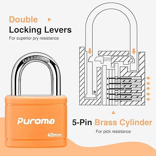 Miniatura 6 de Puroma Paquete de 2 candados con llave con 3 llaves iguales, cerradura de casillero de 1.1 pulgadas, cerraduras de alta resistencia para puerta,