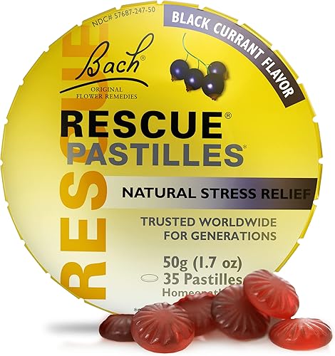 Bach RESCUE PASTILLES, sabor grosella negra, pastillas naturales para aliviar el estrés, esencia floral homeopática, vegetariana, sin gluten y