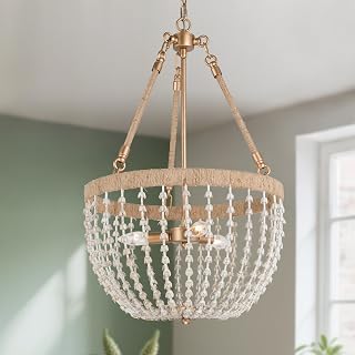 KSANA Boho Chandelier 17” Hemp Rope Pendant Light with Gold Finish Adjustable Chain Rustic Farmhouse Basket Light Fixture for Dining Room Bedroom Foyer