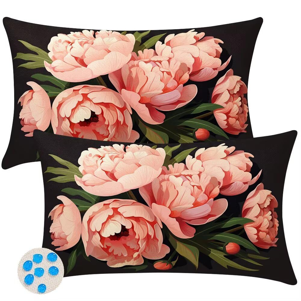 Outdoor Cushions Waterproof Cushion Covers 20cm x 30cm Pack of 2 Pink Garden Cushion Cover Peony Flowers Throw Pillow Covers 8 x 12 Inch Outdoor Pillowcase for Garden Furniture Living Room -SC520