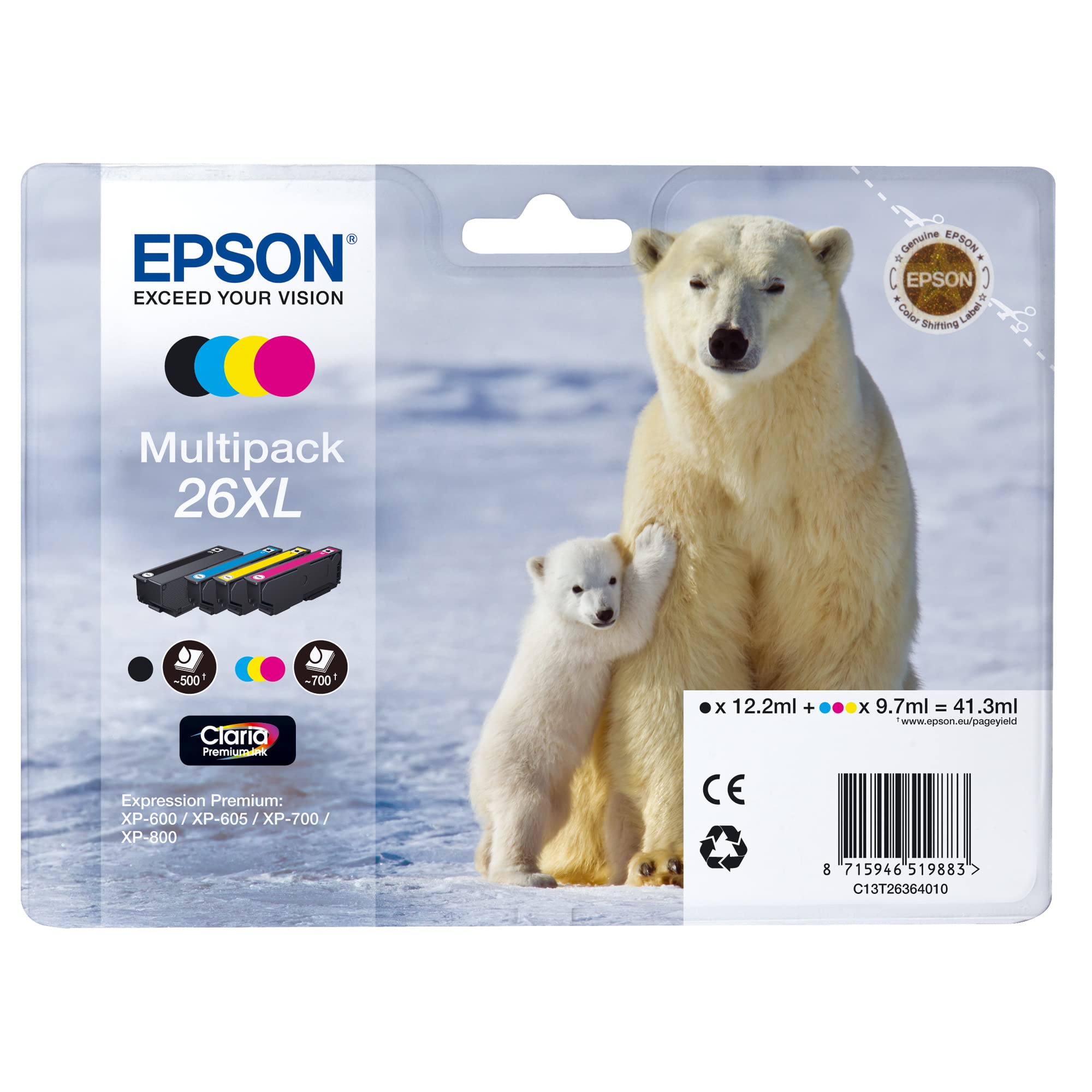 Epson Cartuccia d'inchiostro 26XL C13T26364010 originale, 4 pezzi, 12,2/9,7 ml (nero/bianco/colore), 500/700 pagine (nero/bianco/colore) (4 pezzi)