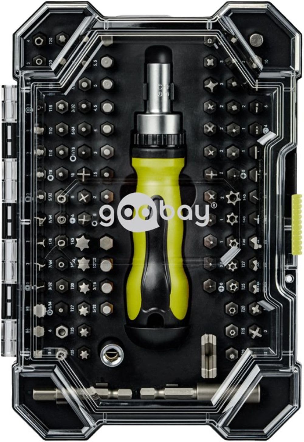 goobay 100 pcs. Screwdriver Set with Ratchet Function/Precision Bits Made of S2 Steel/Tool Set for DIY, Repair & Assembly/Includes Bit Extension & Adapter - 77844