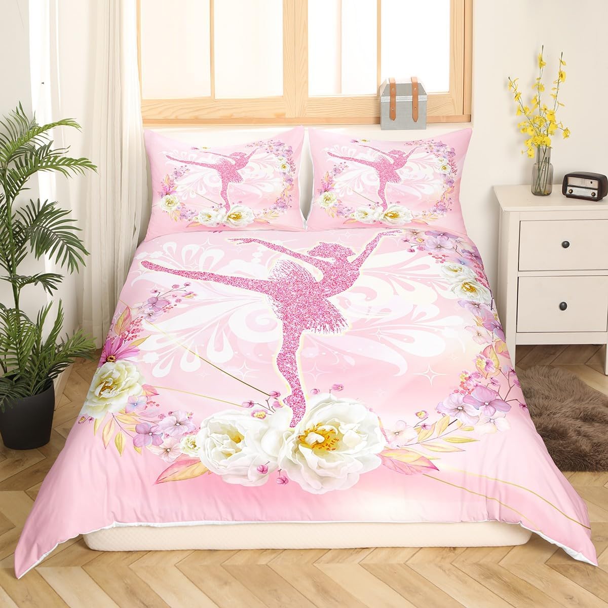 jejeloiu Ballet Comforter Cover Set Full Size Kids Floral Flower Duvet Cover Set for Boys Girls Teens Romantic Bedding Set Breathable Pink Glitter Bedspread Cover Room Decor Quilt Cover(No Glitter