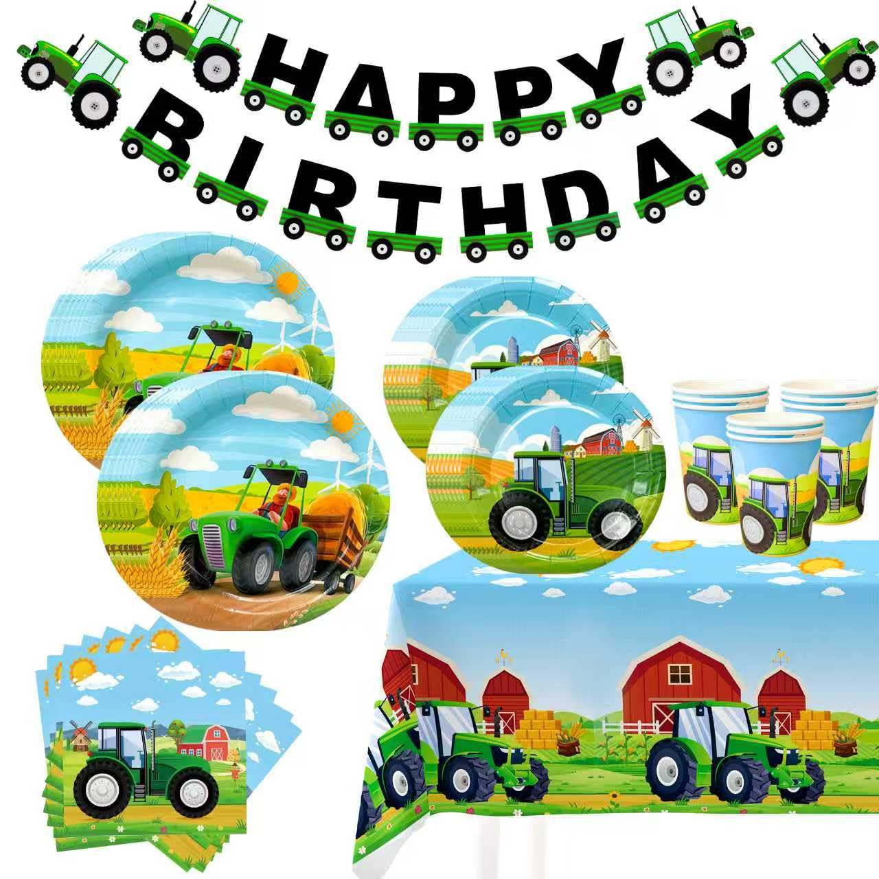 Tractor Birthday Party Supplies,130pcs Tractor Birthday Decorations Tableware Pack-Tractor Plates and Napkins Cups Tablecloth & Tractor Birthday Party