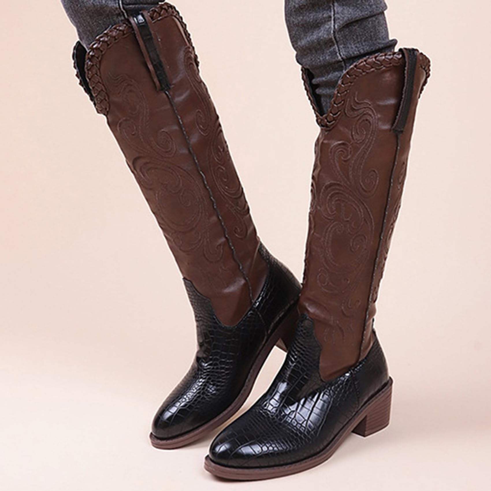 Stivali da Equitazione per Motociclista in Pelle da Donna, Stivali da Lavoro Classici Antiscivolo, Stivali Western Tradizionali Patchwork Ricamati per Il Turismo
