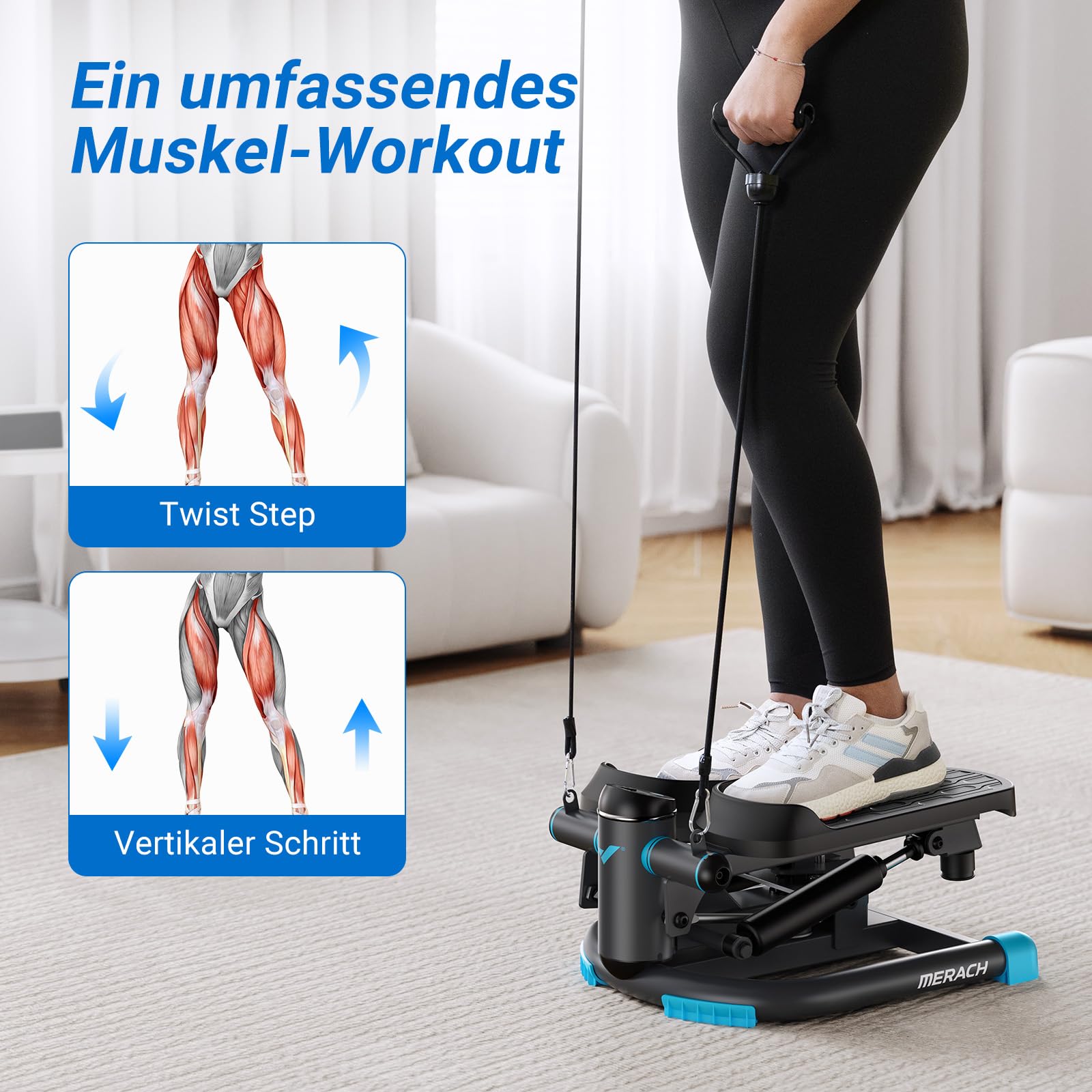 MERACH Mini Stepper Fitness 2 in 1 für zu Hause, leise Twister 150 kg mit LCD-Display und Widerstandsbändern, für Training von Beinen, Armen und Gesäß