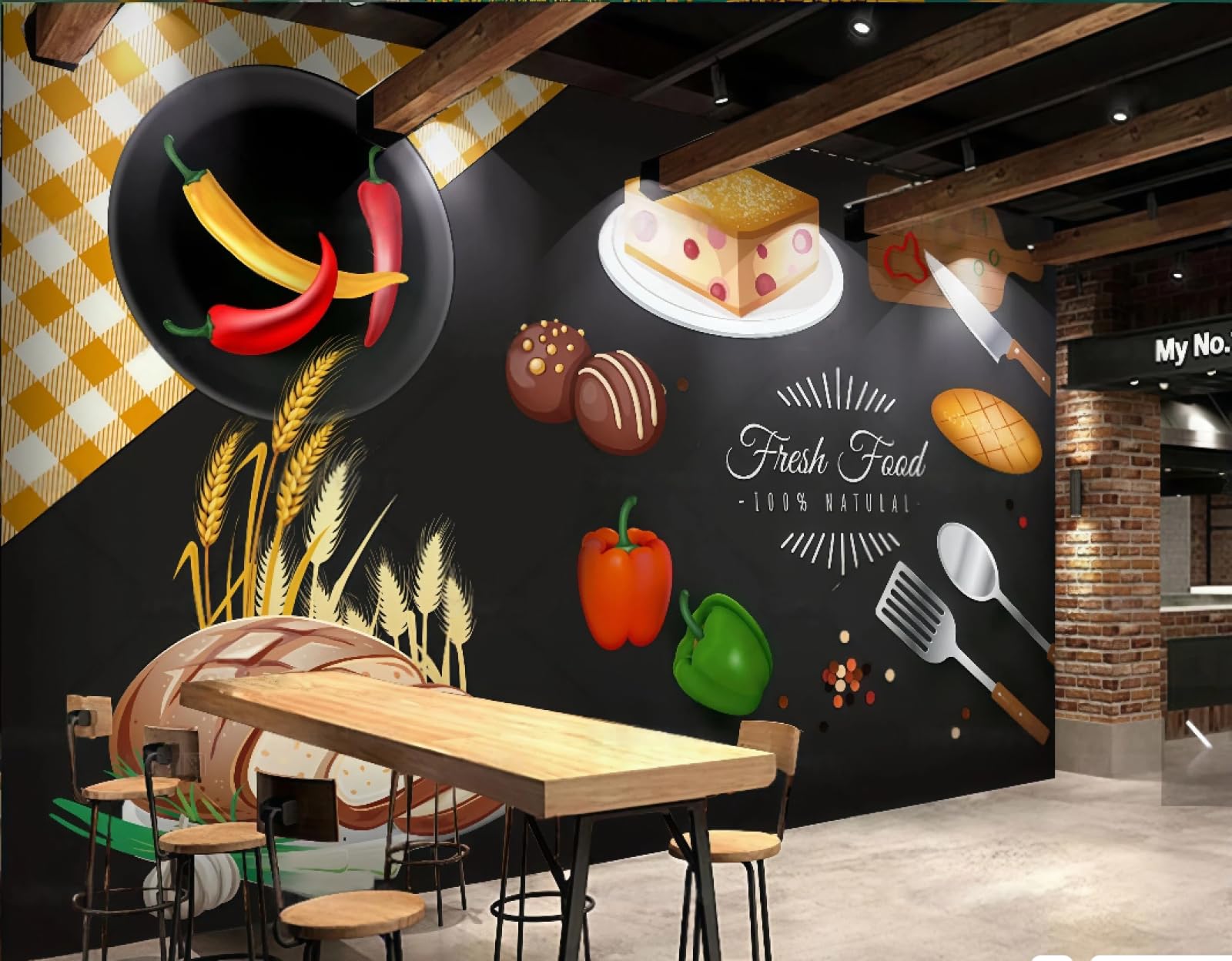 XDOUBAO Wallpaper Black Hand-Painted Bread Dessert Cake Shop Shopping Mall Afternoon Tea Western Restaurant Background Wall Wallpaper Coffee Shop Mural,3D,150x105cm