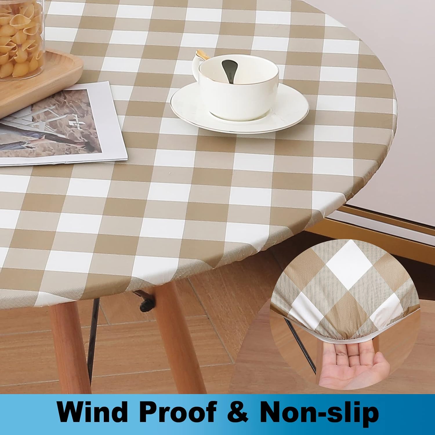smiry Round Table Cloth Cover, Elastic Waterproof Fitted Vinyl Table Covers for 36"-44" Tables, Flannel Backed Buffalo Plaid Tablecloth for Picnic, Camping, Indoor and Outdoor, White and Khaki