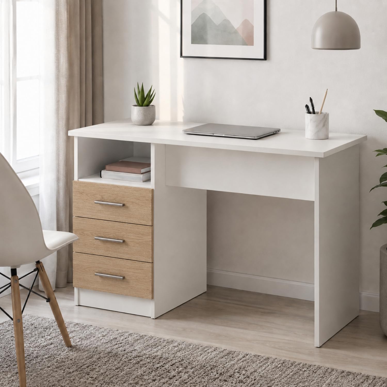 Arreditaly Scrivania Desk Lipsia Per Studio Con Cassetti Laterali Postazione PC Salvaspazio Ufficio Soggiorno E Cameretta 120 X 72 X 48 Cm Bianco E Rovere