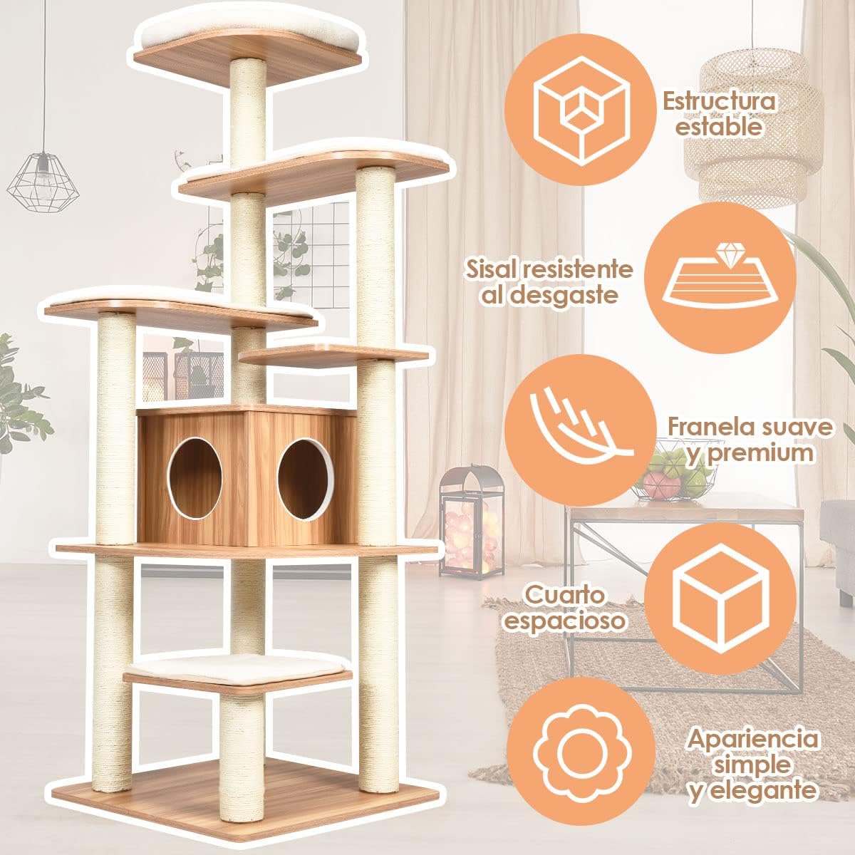 COSTWAY Árbol Rascador para Gatos de 175 cm, Torre para Gatos de Madera, con Plataformas Multiniveles, Rascadores y Columnas de Cuerdas de Sisal, Casa para Gato Recubierta en Tejido Afelpado, Natural