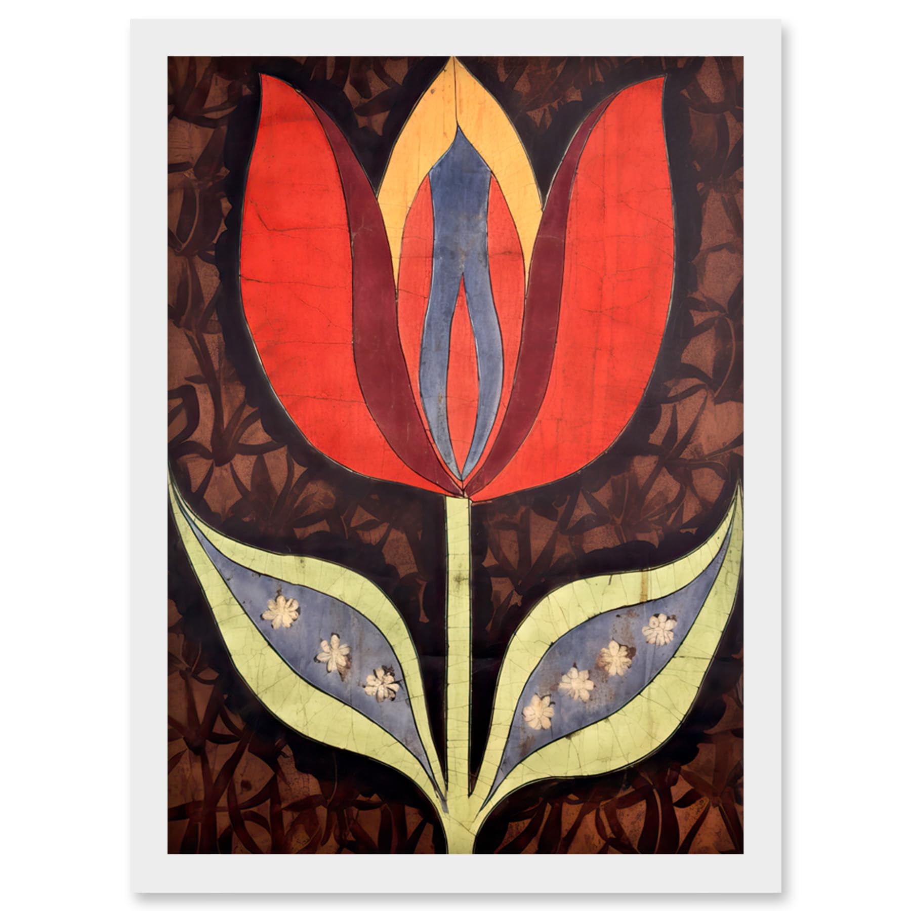 Artery8 A Single Tulip Flower Batik Style Pattern Folk Art Artwork Framed Wall Art Print A4