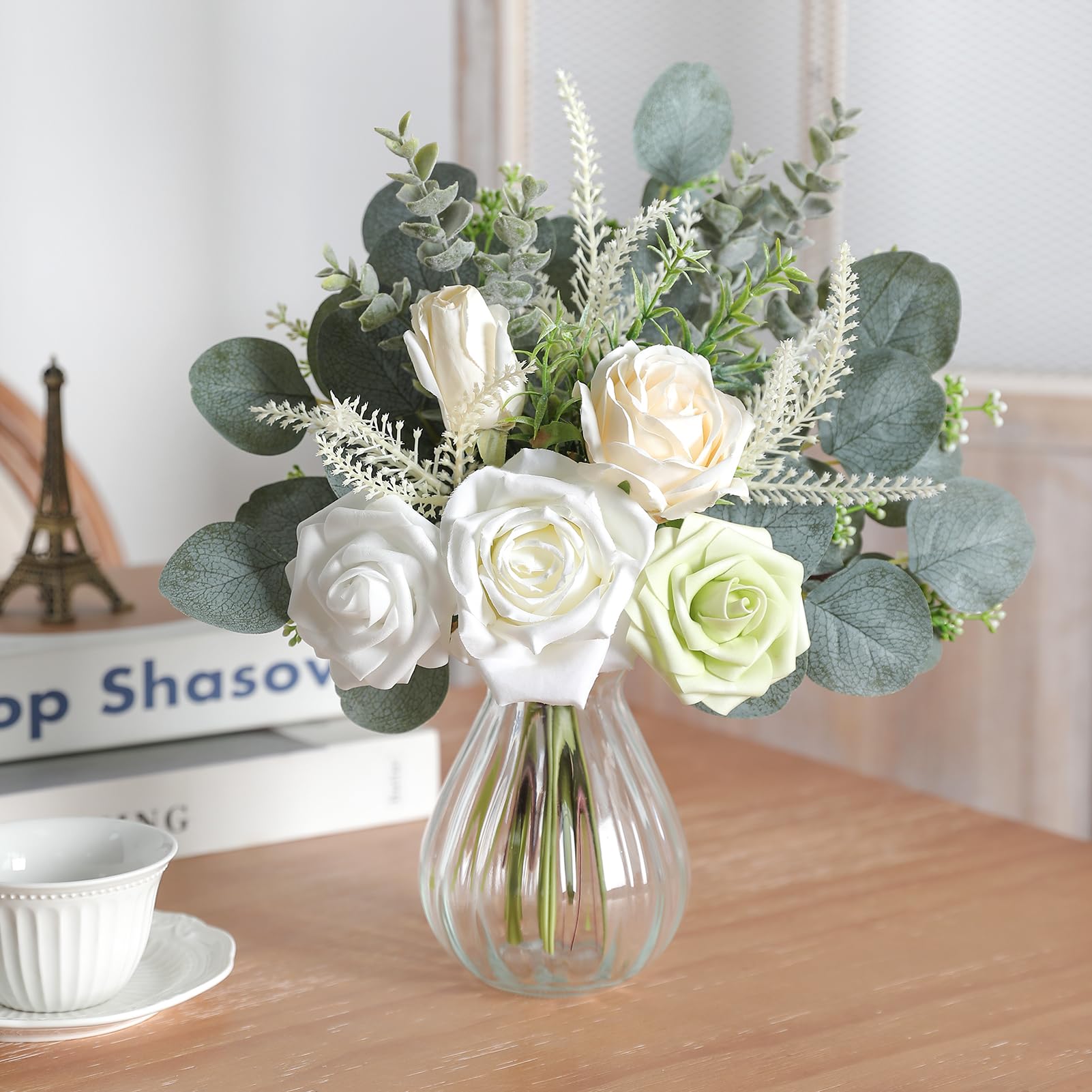 JGRSHES Artificial Flowers with Vase Fake Flowers in Vase White Silk Roses and Fake Plants Flower Arrangement Office Coffee Table Decoration Home Kitchen Table Centerpiece (White)