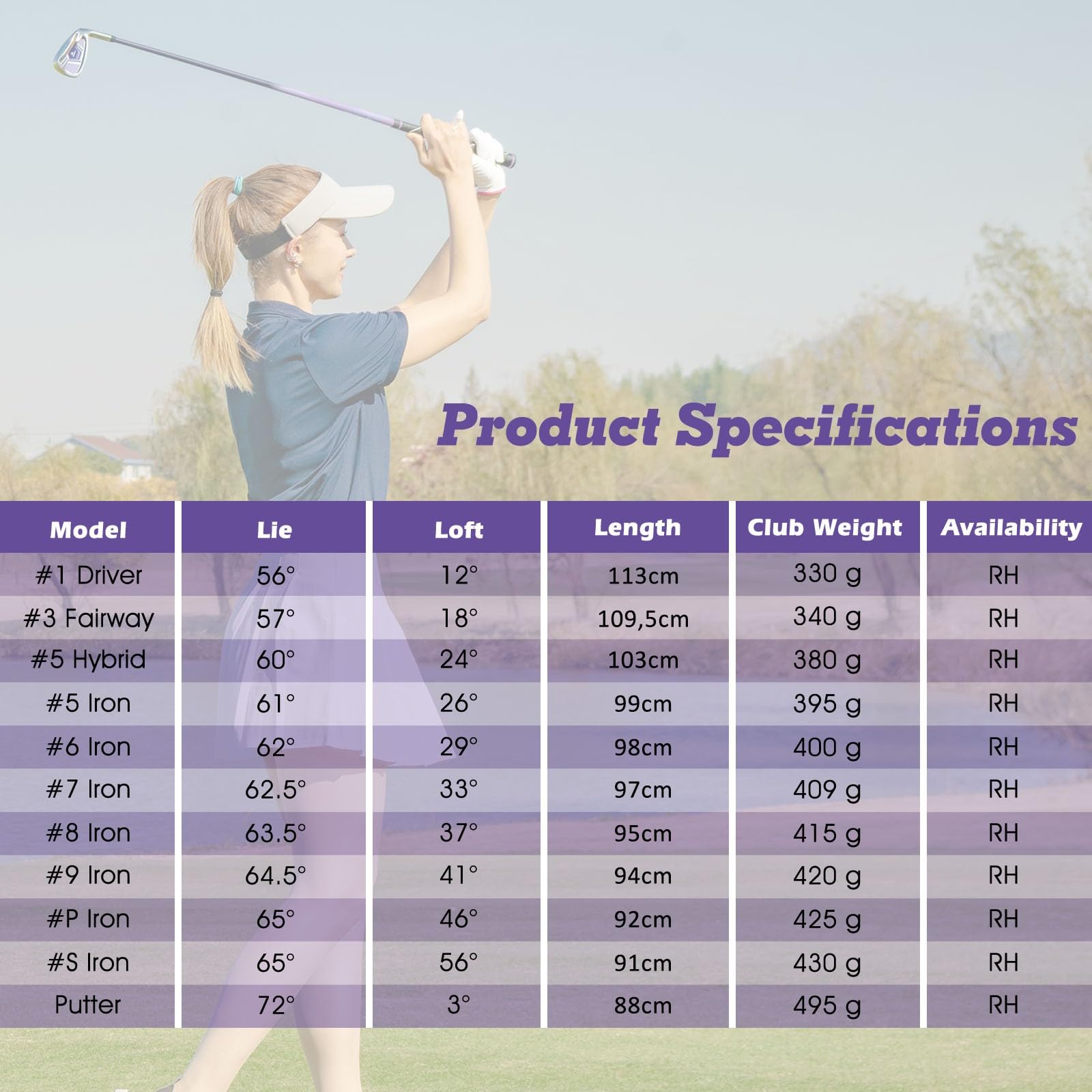 LIFEZEAL Set Complet de Clubs de Golf pour Femmes, Jeux de Clubs de Golf #1 Driver, 3 Fairway, 5 Hybride, 5#6#7#8#9#p #s Fers, Putter, Sac de Golf Portable avec Housse de Pluie, Droitiers